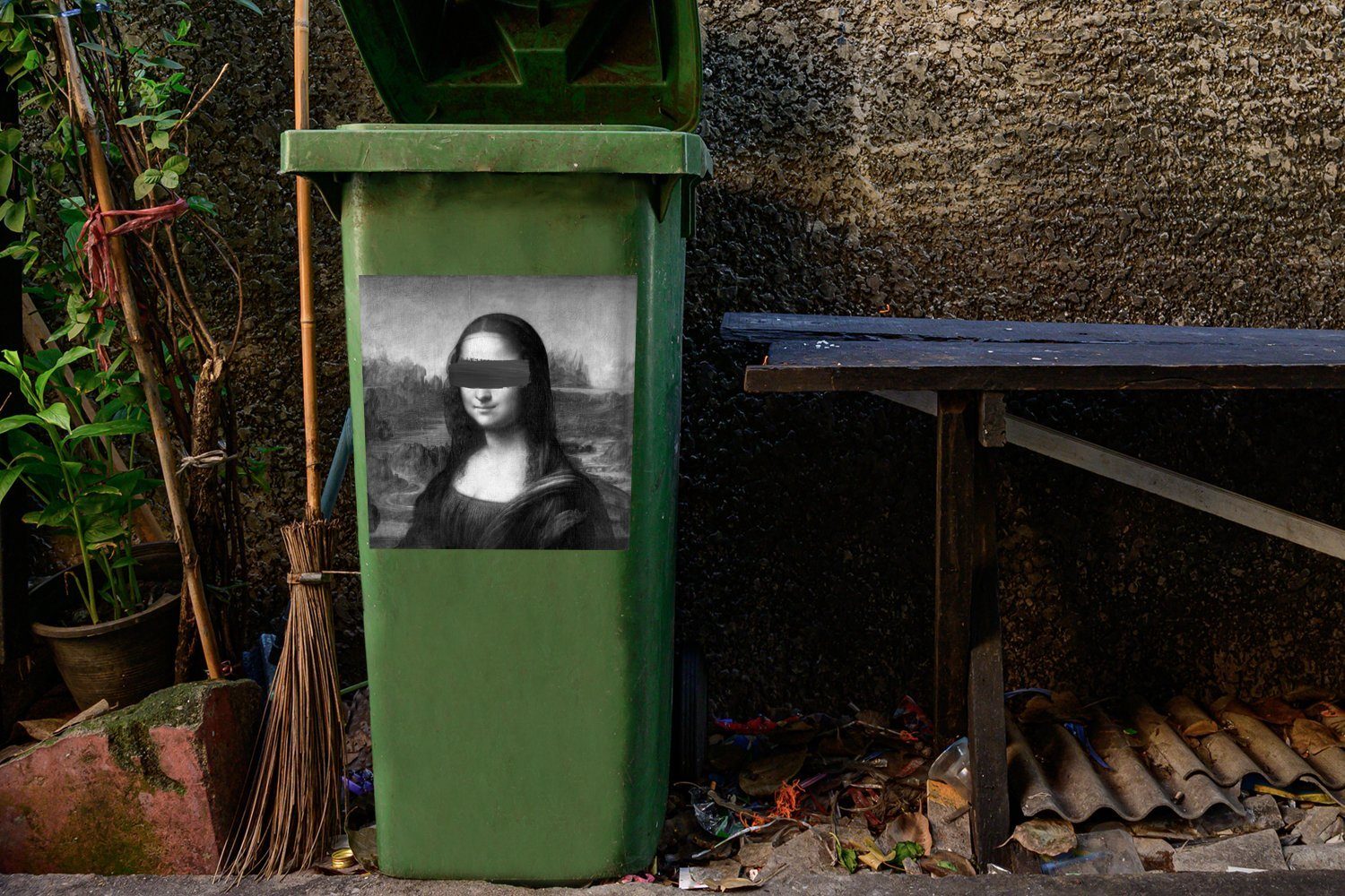 MuchoWow Wandsticker Vinci - Container, Leonardo St), da - Lisa Mona Mülltonne, Weiß Mülleimer-aufkleber, (1 Schwarz - Sticker, Abfalbehälter