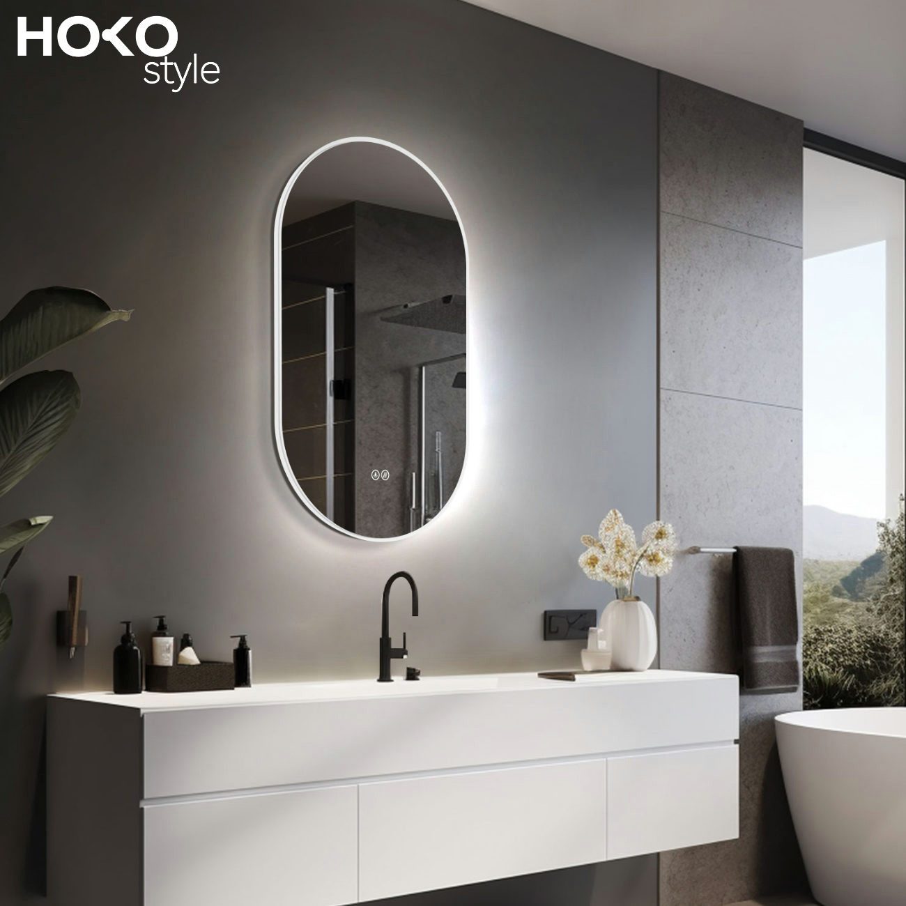 HOKO Badspiegel mit beleuchtung+Antifog, Oval Schwarz günstig online kaufen