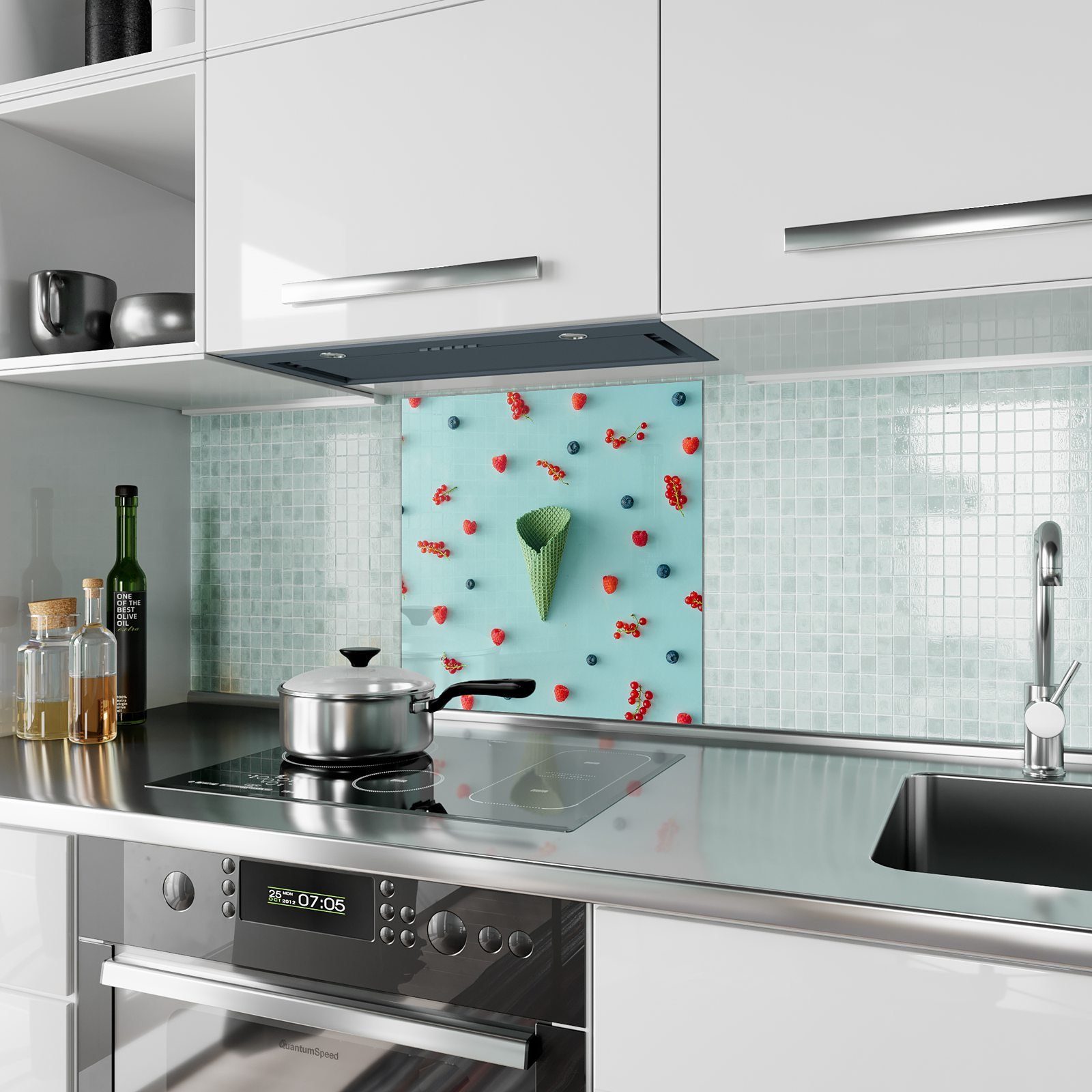 Küchenrückwand Glas Spritzschutz mit Motiv Küchenrückwand und Primedeco verteilt Beeren Waffel