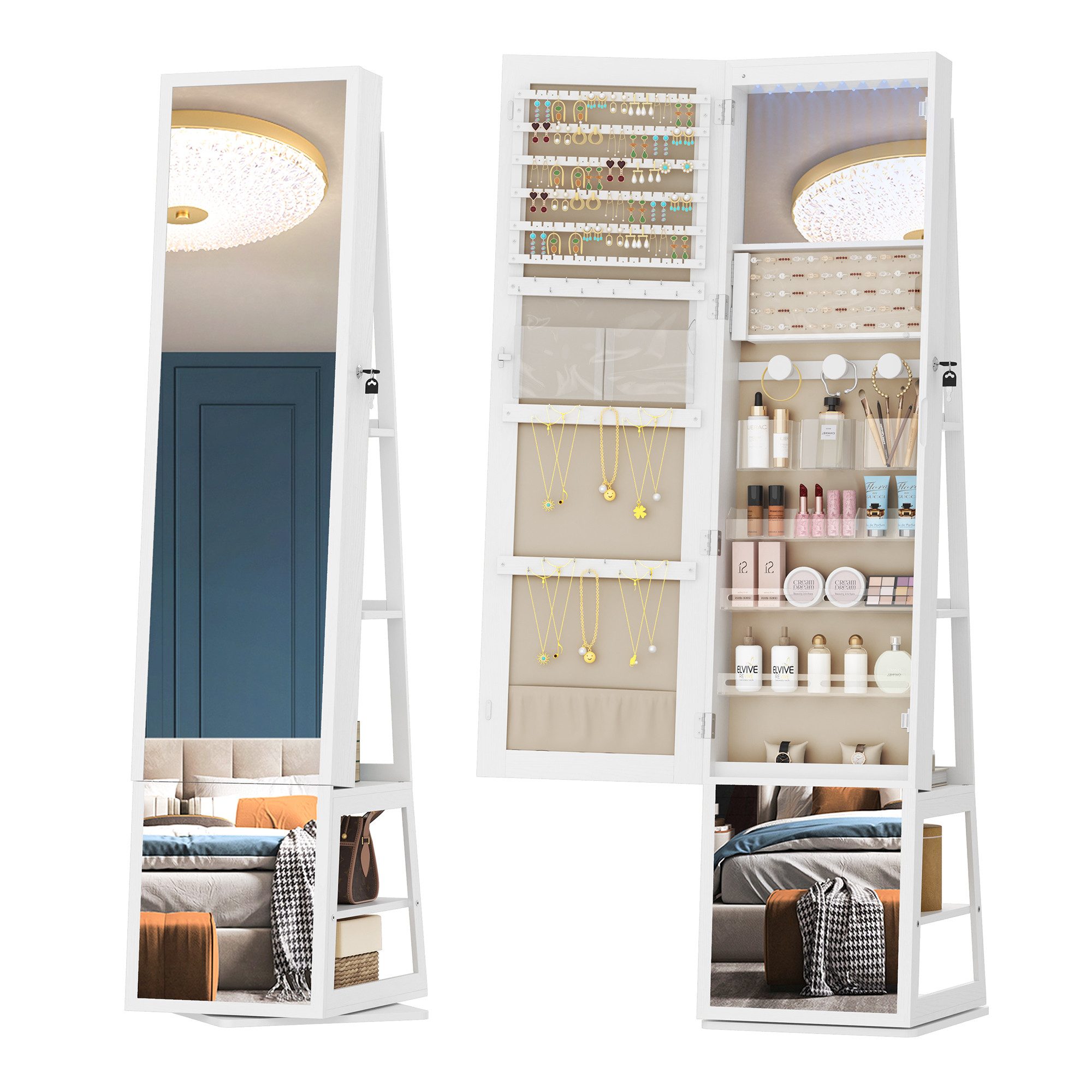 Schmuckschrank 4-in-1 Schmuckschränke,mit 360° drehbarem Sockel,Mit Ganzkörperspiegel