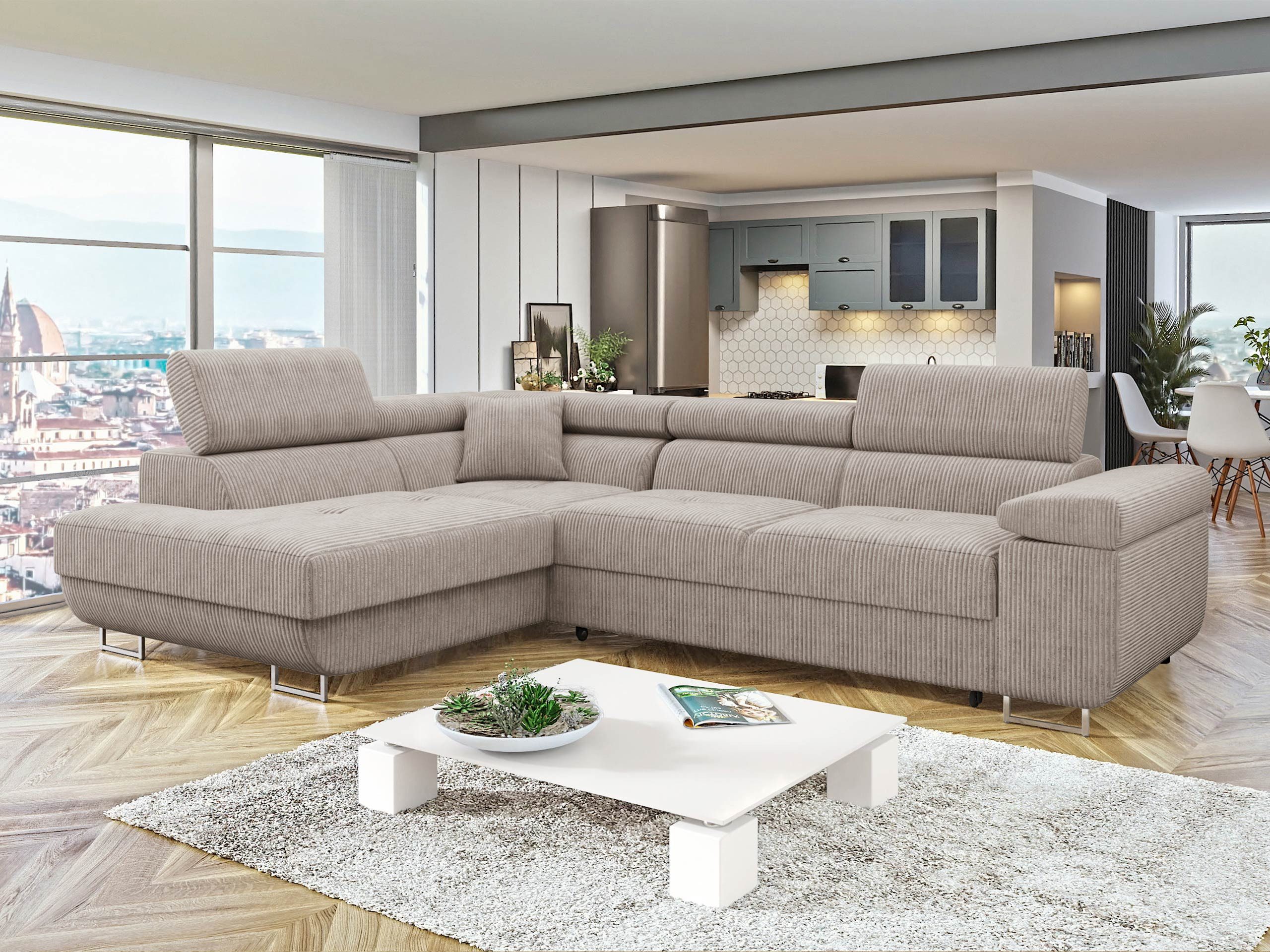MIRJAN24 Ecksofa Torezio Cord, mit Bettkasten und Schlaffunktion, Einstellbare Kopfstützen, 274x203x70-90 cm