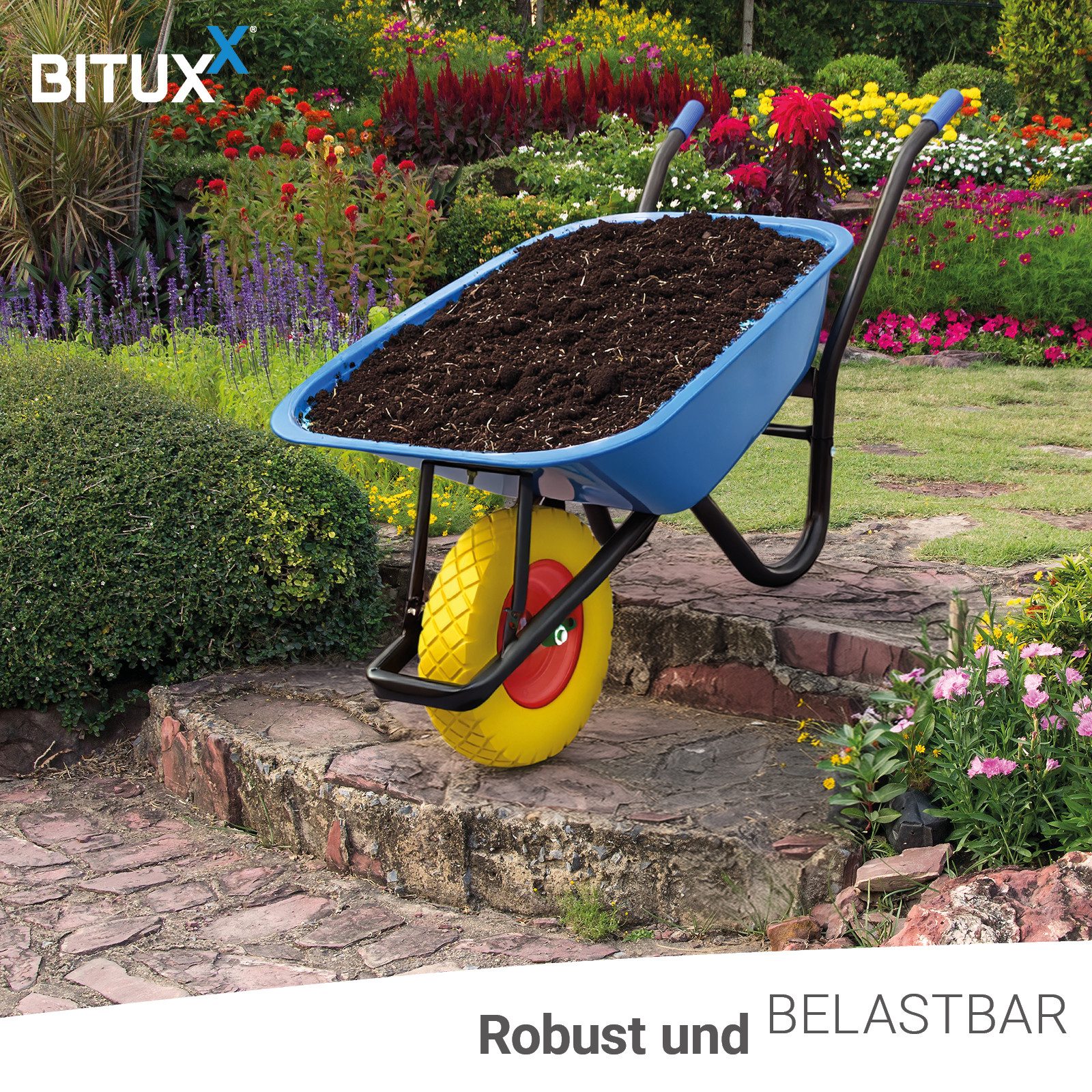 Bituxx Schubkarre Schwarz Mulde Blau mit PU Rad Gelb, (MS-19707)
