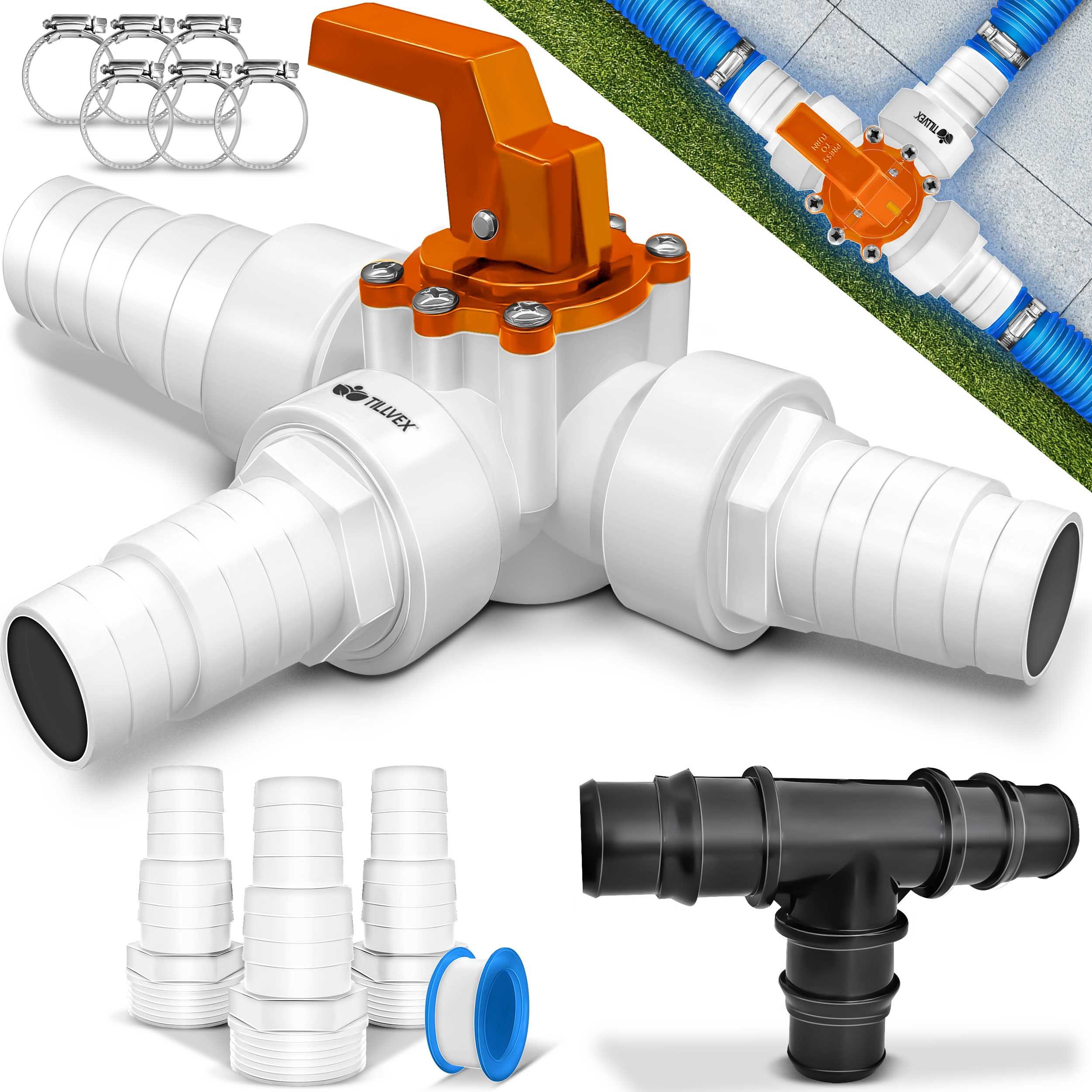tillvex Gartentisch tillvex® Bypass Set Pool Solarheizung Poolheizung Heizung Solarkollekt (ideal für Sandfilteranlagen, Wärmepumpen & Poolheizung, 3-Wege-Ventil & ABS-Adapter, 6x Schellen & 8m Isolierband), Bypass Set Pool 12-TLG. - Ø32 & 38 mm Anschluss