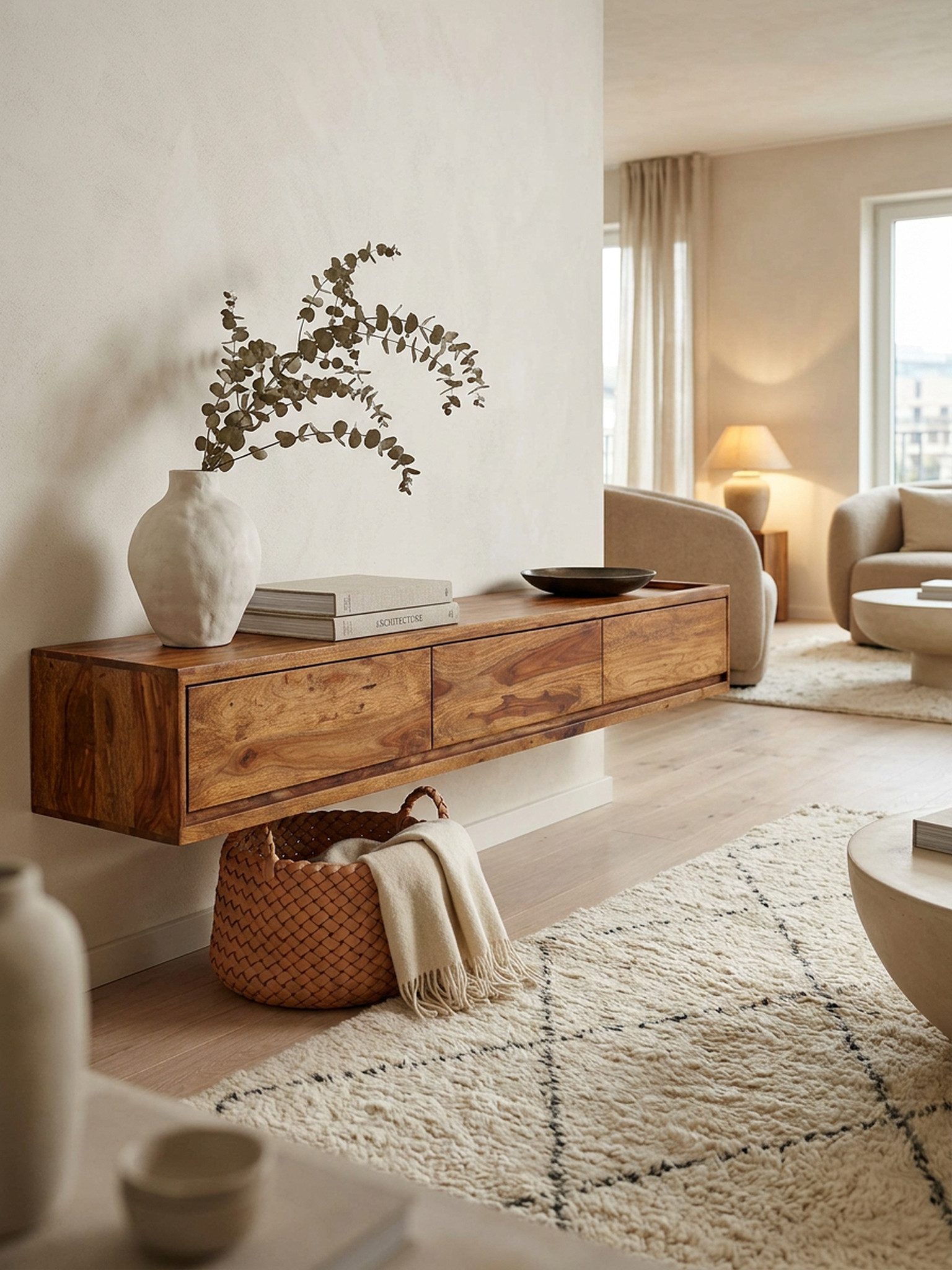 KADIMA DESIGN Lowboard Massivholz TV-Kommode mit Schubladen für 65-Zoll-Fernseher