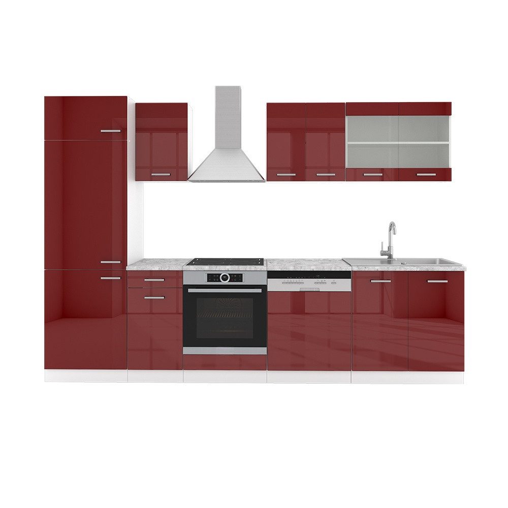 Vicco Küchenzeile R-Line, Rot Hochglanz/Weiß/Weiß, 300 cm ohne Arbeitsplatte