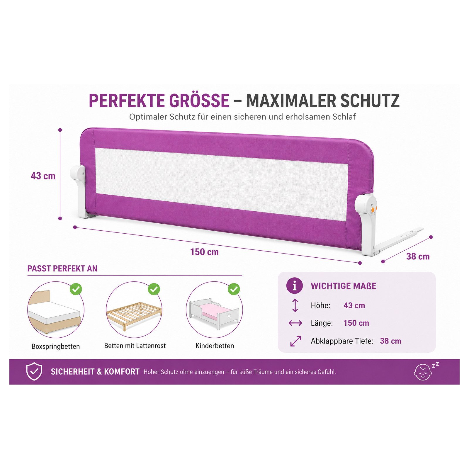 RAMROXX Bettumrandung 150cm Bettgitter Bettschutzgitter Rausfallschutz klappbar Pink