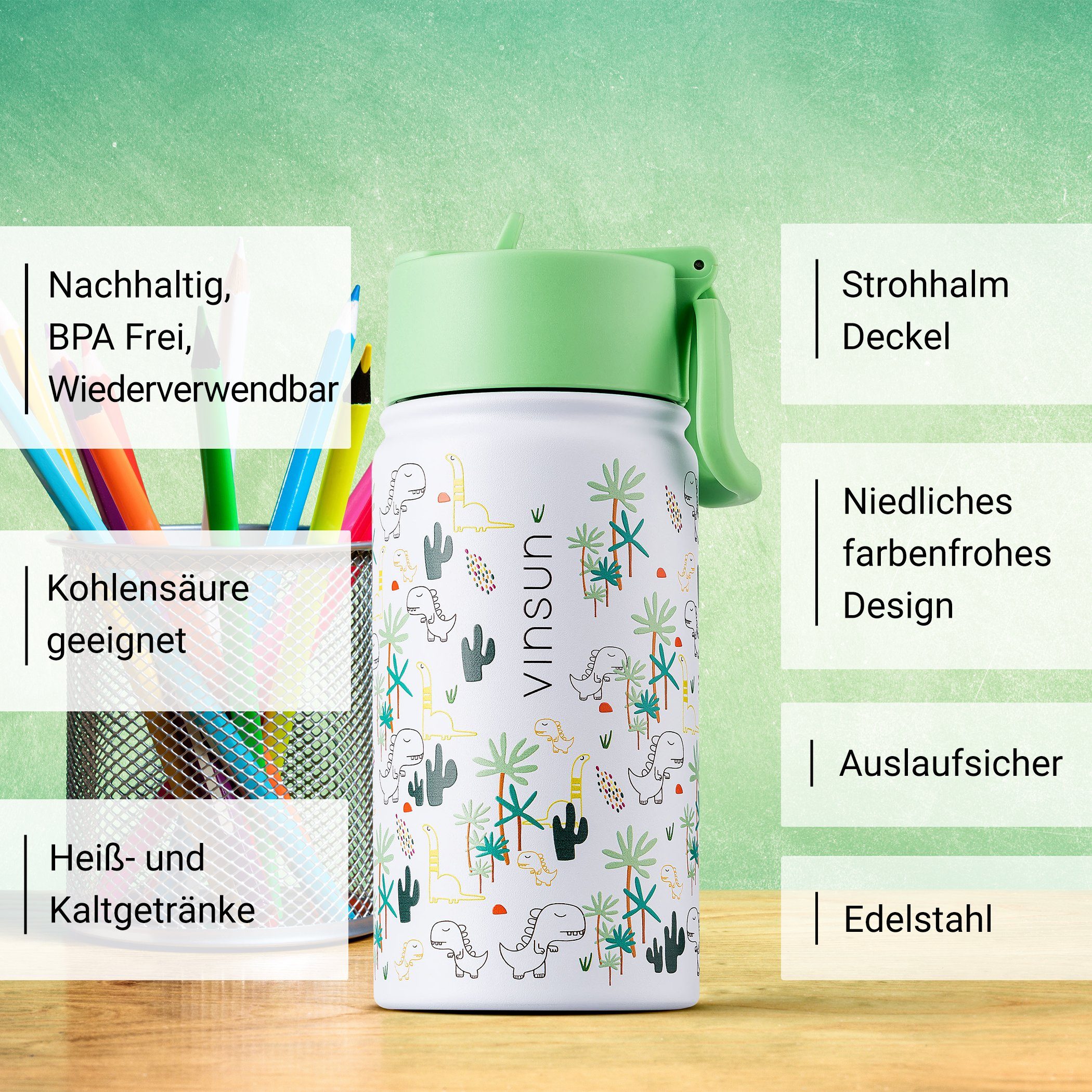 Vinsun Trinkflasche Trinkflasche Kinder 350ml - Auslaufsicher mit Strohhalm - Dinosaurier, BPA frei, auslaufsicher, bruchsicher, Geruchs- und Geschmacksneutral