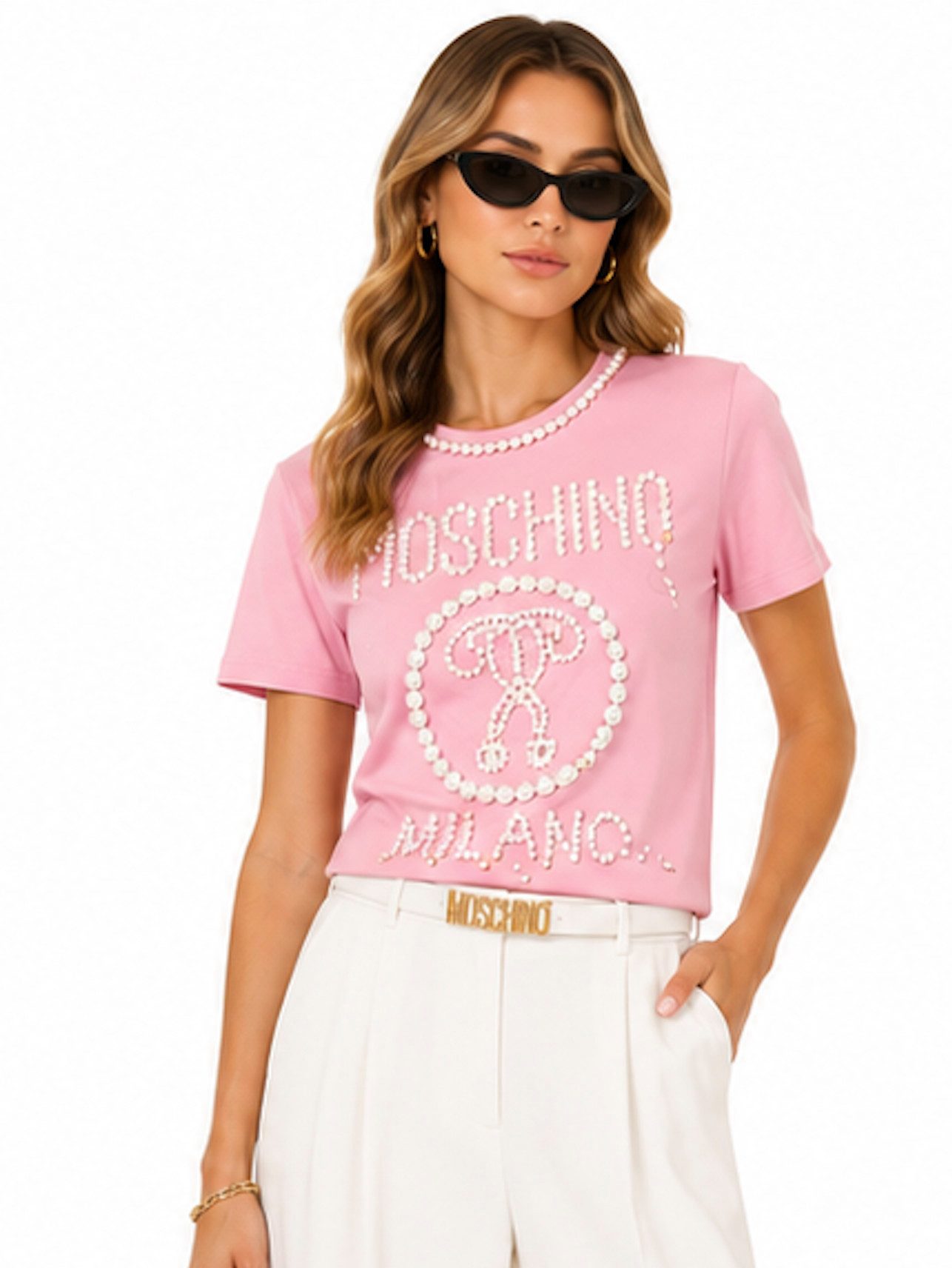 Moschino T-Shirt COUTURE Milano mit Faux Perlen Top Dekorativer Perlenbesatz am Rundhalsausschnitt