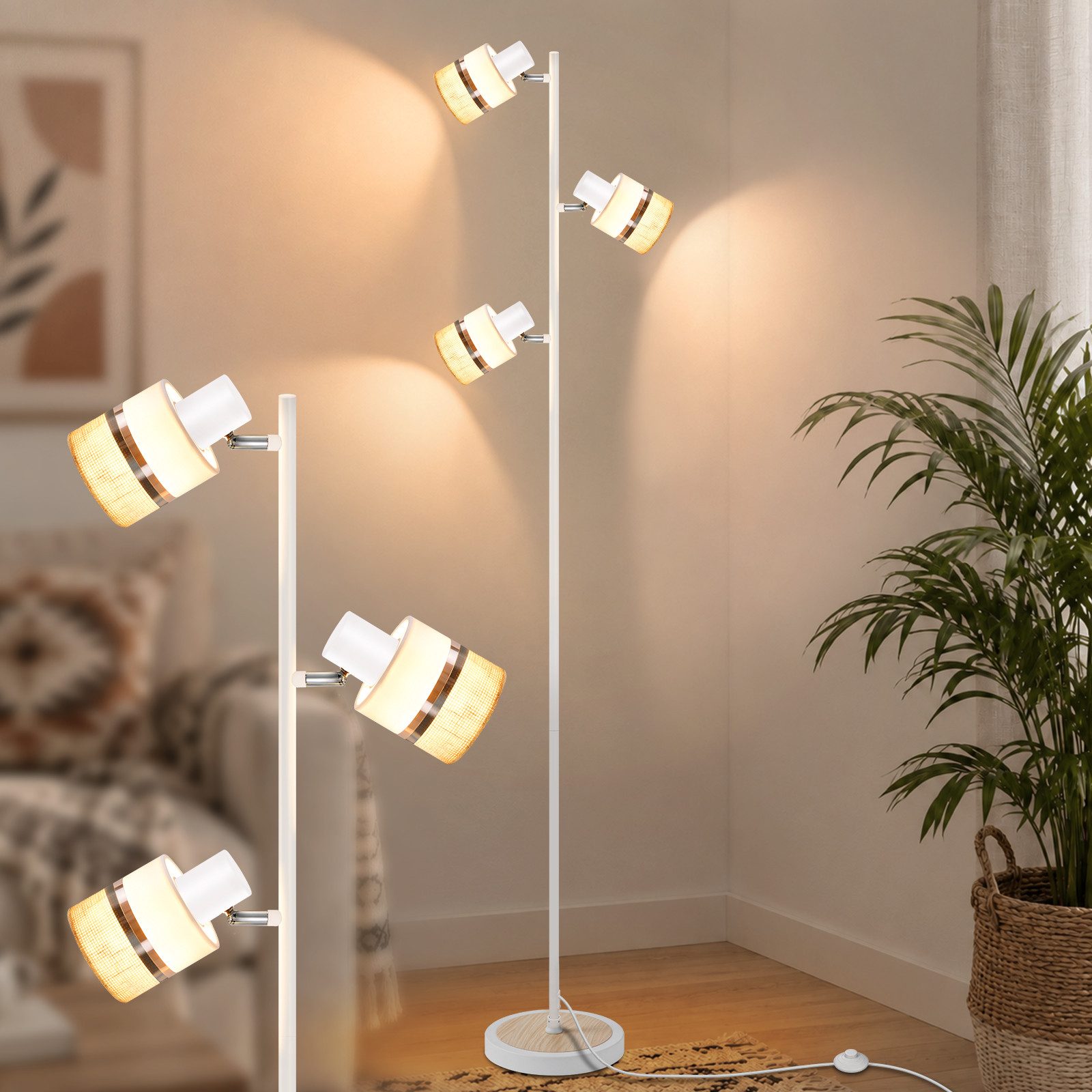 Nettlife Stehlampe Vintage Stehleuchte 3 Flammig Weiß/Schwarz Boho E14 Metall Stoffschirm, ohne Leuchtmittel, Fußschalter Leselampe Schlafzimmer 150*22.5*cm