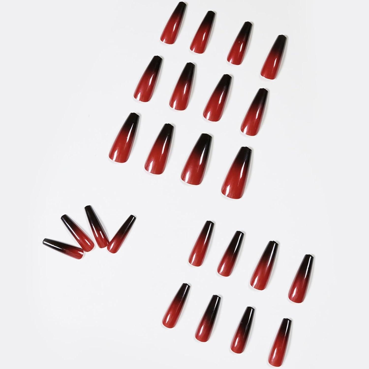 LuxusKollektion Kunstfingernägel 24 Stück Mittel Sarg French Acryl Kunstnägel Rot Schwarz Farbverlauf