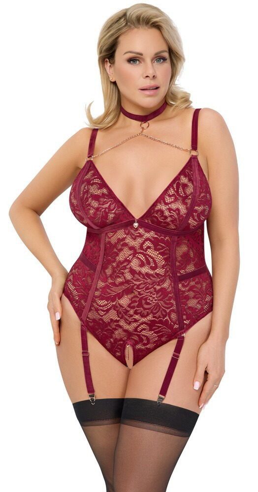 Cottelli CURVES Body Ouvert Spitzen-Body mit Kette im Schritt - rot (1-tlg) Roségoldfarbene Accessoires
