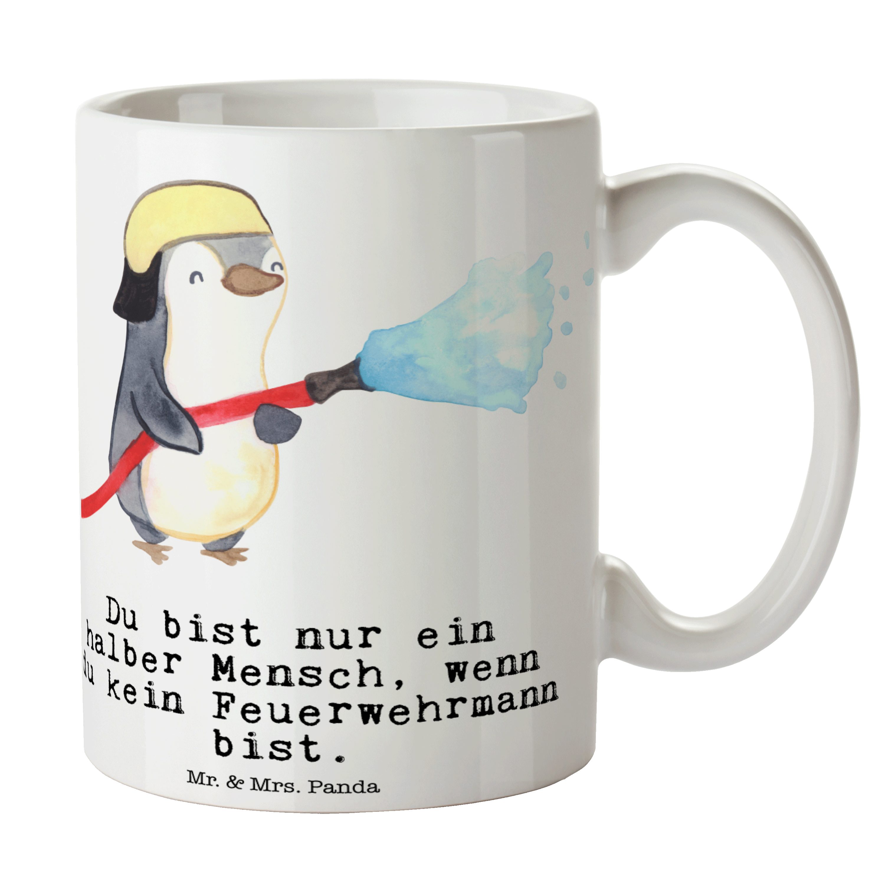 Mr. & Mrs. Panda Tasse Feuerwehrmann mit Herz - Weiß - Geschenk, Becher, Büro Tasse, Porzell, Keramik