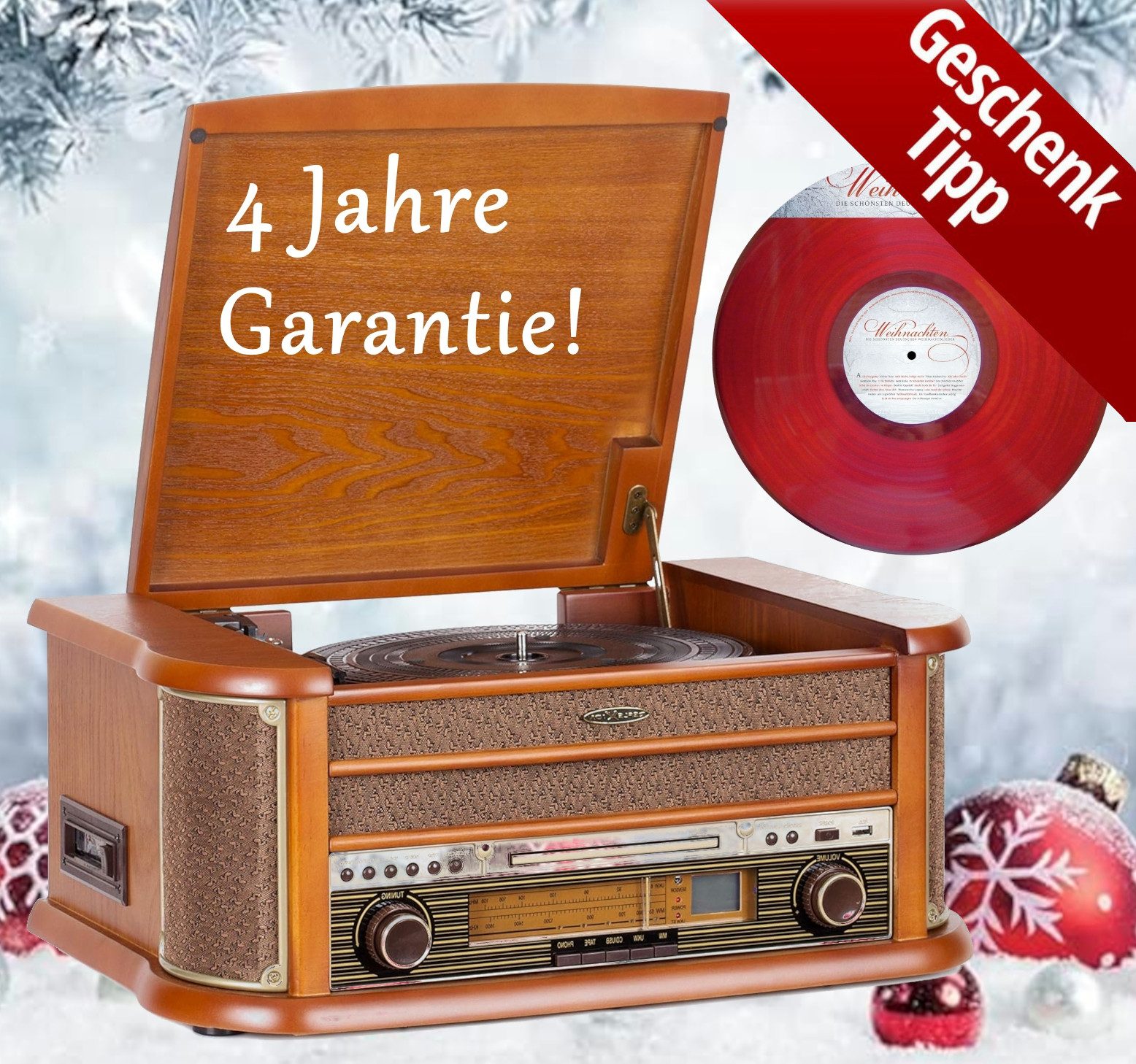 Reflexion HIF2002 Retro HiFi Anlage im Echtholz-Gehäuse Nostalgie-Design Radioplattenspieler (Riemenantrieb, Echtholzgehäuse, CD-Player, Kassettenspieler, Encoding-Funktion)