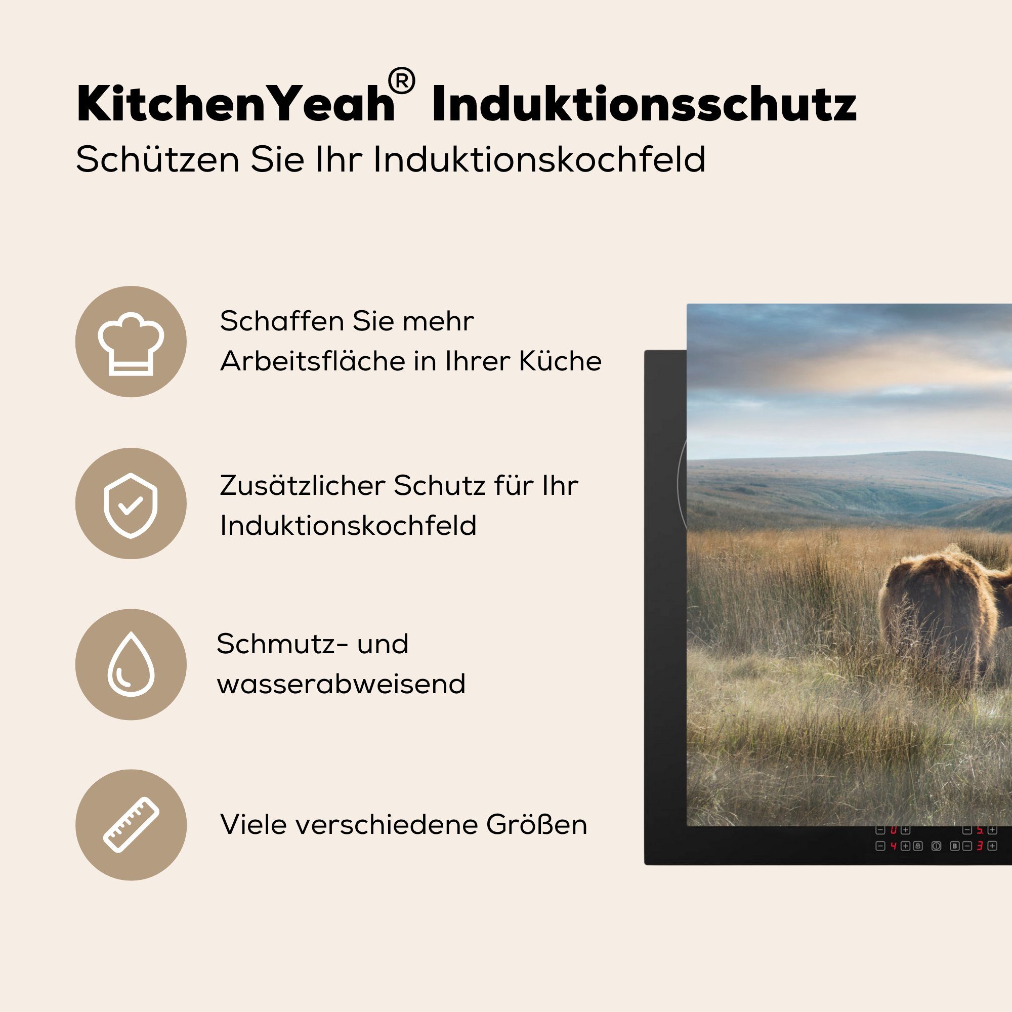 tlg), Vinyl, Schutz 81x52 MuchoWow Herdblende-/Abdeckplatte Ceranfeldabdeckung - Highlander Nebel - Schottische für Gras, die Induktionskochfeld (1 cm, küche,