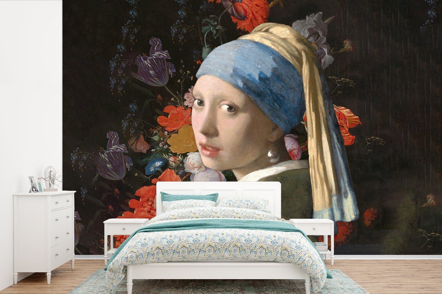 MuchoWow Fototapete Das Mädchen mit dem Perlenohrring - Vermeer - Blumen, Matt, bedruckt, (6 St), Wallpaper für Wohnzimmer, Schlafzimmer, Kinderzimmer, Vinyl Tapete