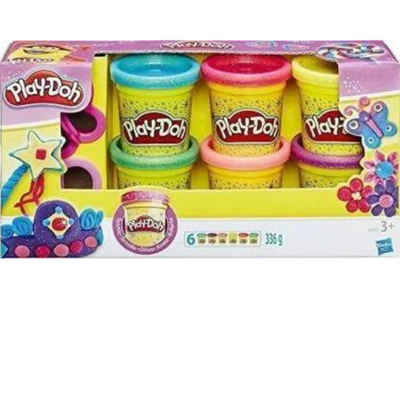 Play-Doh Knete Glitzer farbsortiert, 6 Farben & Zubehör (Packung, 6-tlg., 6 Dosen je 56,0 g), 2 Ausstechformen