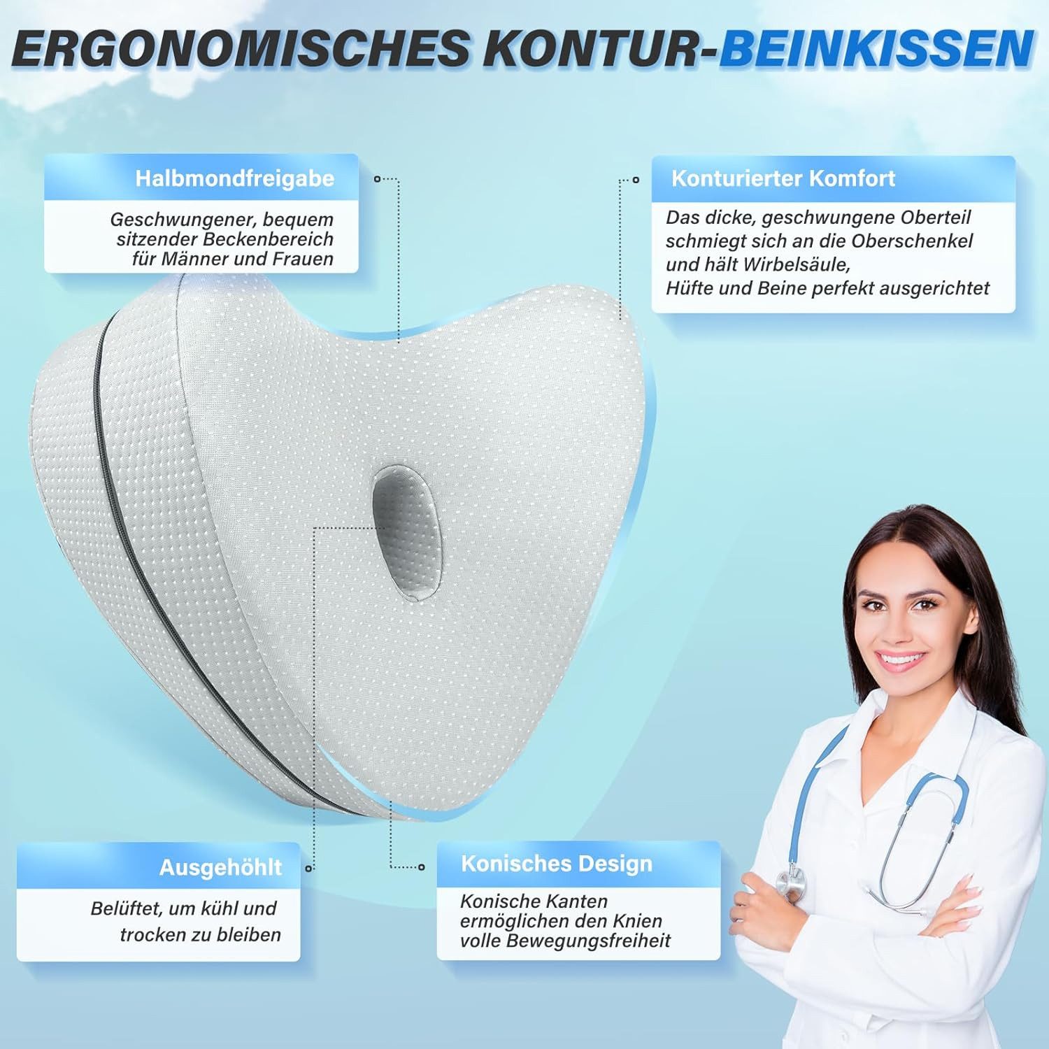 Vivitar Kniekissen für Seitenschläfer, Memory Foam Beinkissen zur Entlastung von Rücken, (Premium Memory-Schaum für erholsamen Schlaf & bessere Körperhaltung, Hüfte & Knien, Ergonomisches Design mit abnehmbarem, waschbarem Bezug)