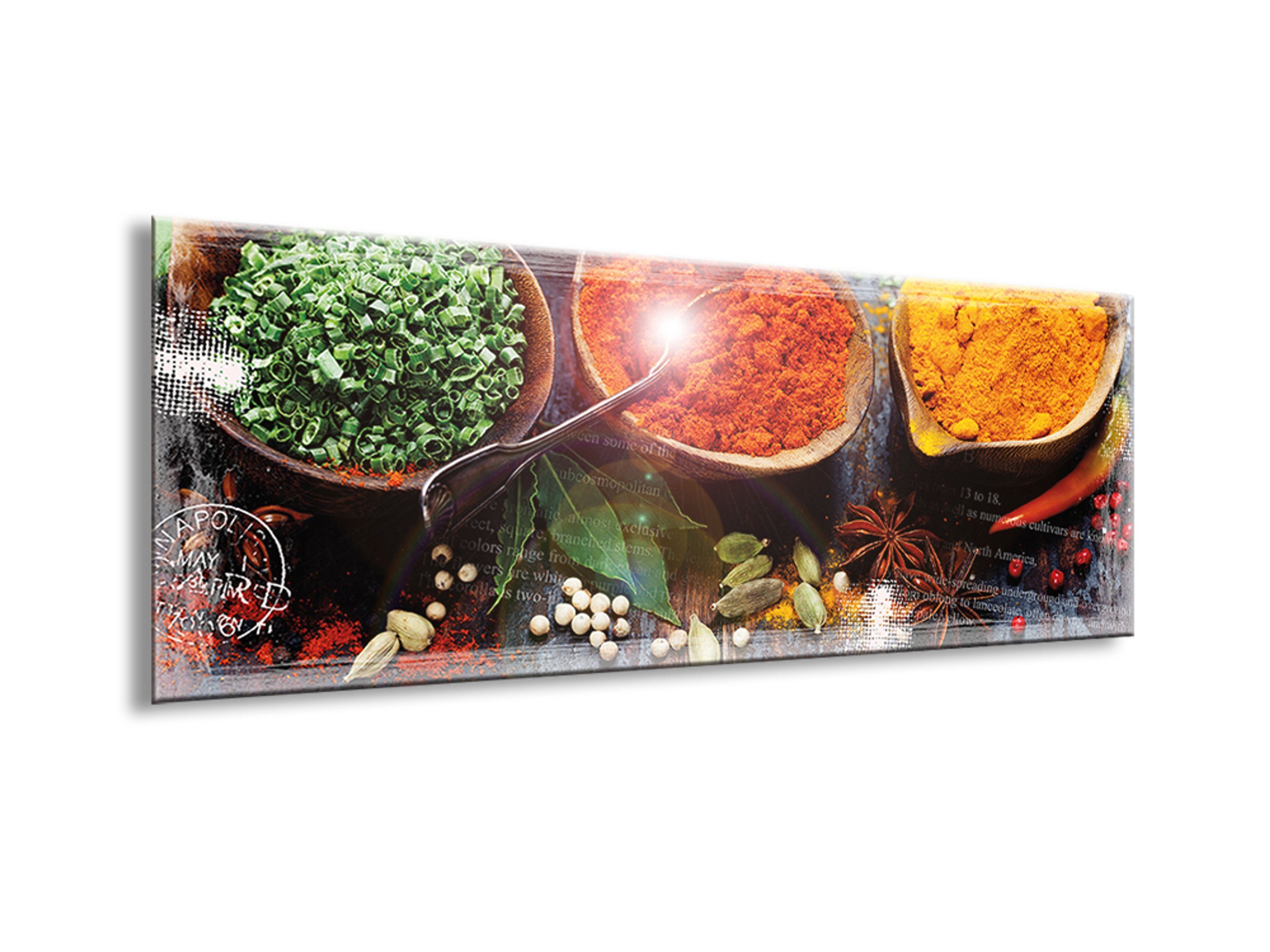 Gewürze 80x30cm Küche Glasbild artissimo quer, Glas Küchenbild aus Kräuter-Töpfe Kühenmotiv: Bild Glasbild