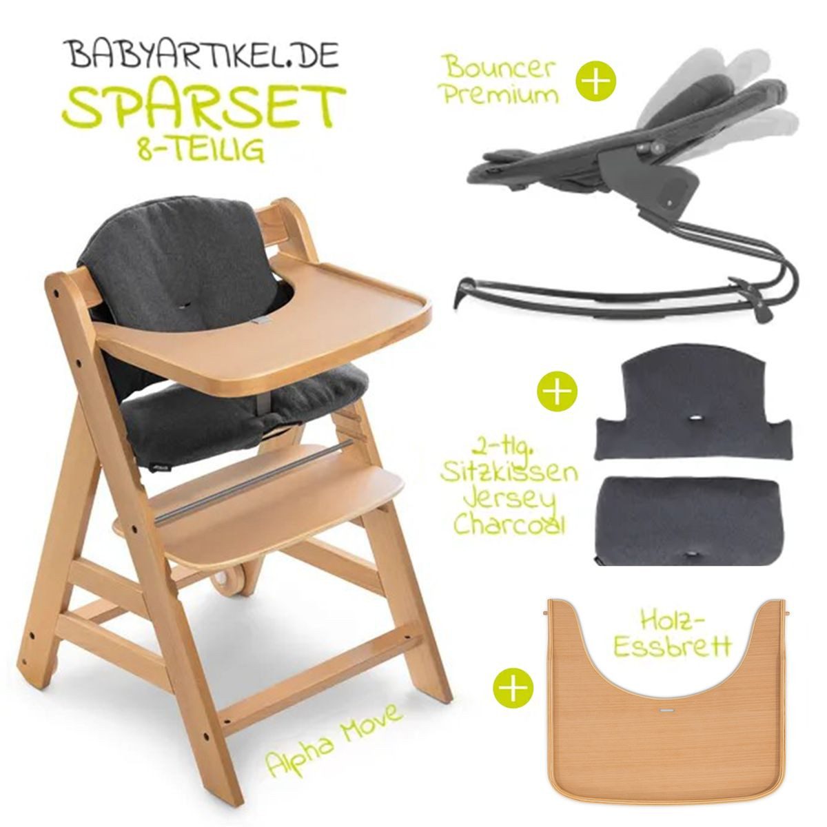 Hauck Hochstuhl Alpha Move Natur Newborn Set, Holz Babystuhl ab Geburt mit Neugeborenenaufsatz, Sitzkissen, Essbrett – Bild 2 von 5