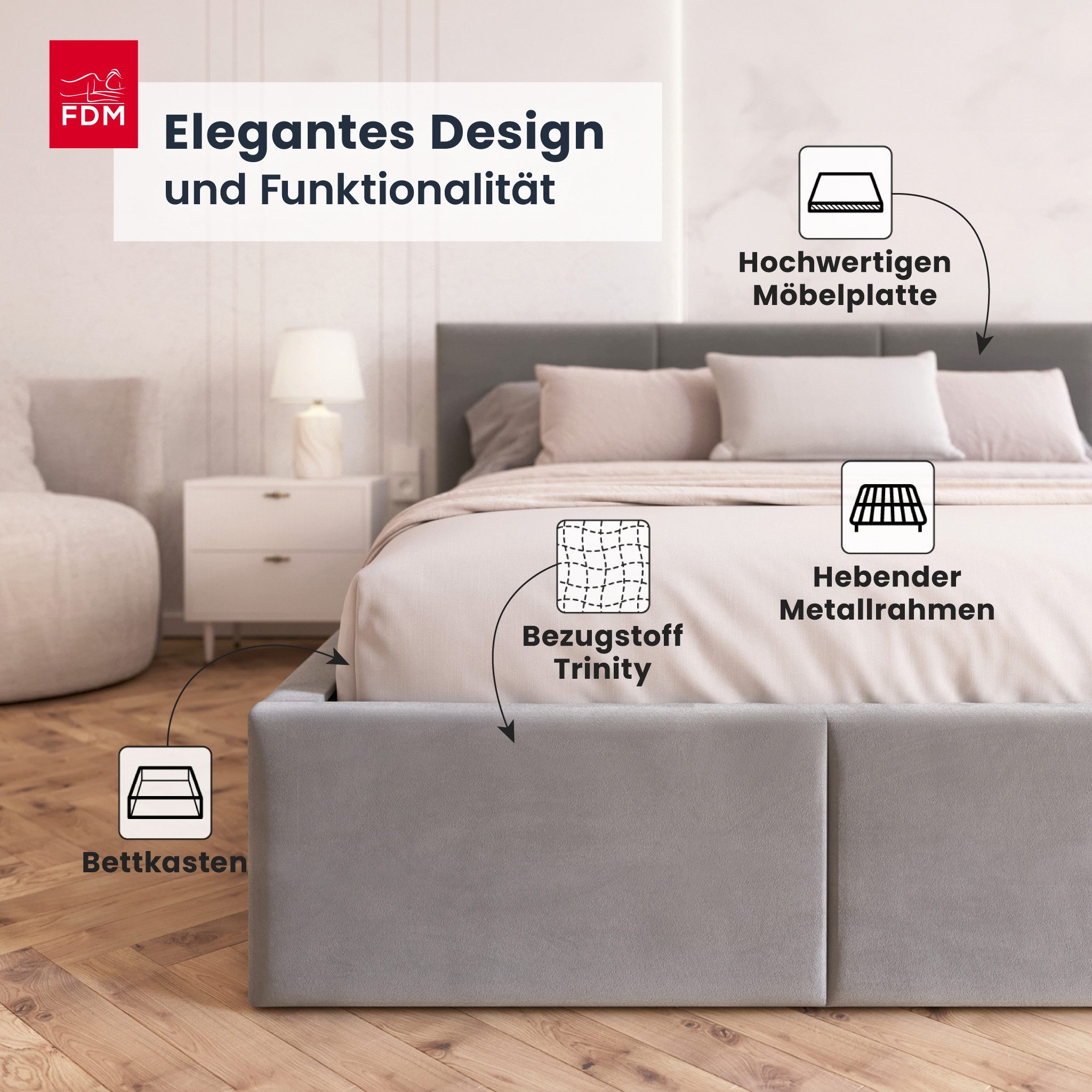 FDM Polsterbett BELORA modern mit Bettkasten MADE IN EU - mit Trinity Velours Bezug (verfügbar 90x200 120x200 140x200 160x200 180x200cm, Bettrahmen, Bett, mit großen gepolsterten Kopfteil, mit Bettkasten zum aufklappen), Hebbarer Metallrahmen, Bettkasten, mit/ohne Matratze