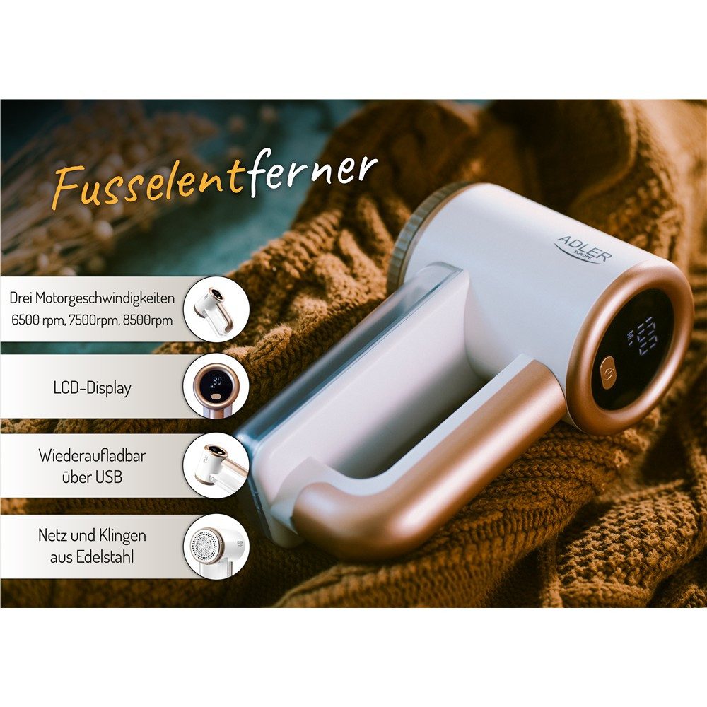 ADLER EUROPE Fusselrasierer AD 9617 Fusselentferner LCD, elektrisch, Stoffrasierer, Akku, USB-C, 3 Geschwindigkeiten, Edelstahlklingen, für Kleidung, weiß/gold