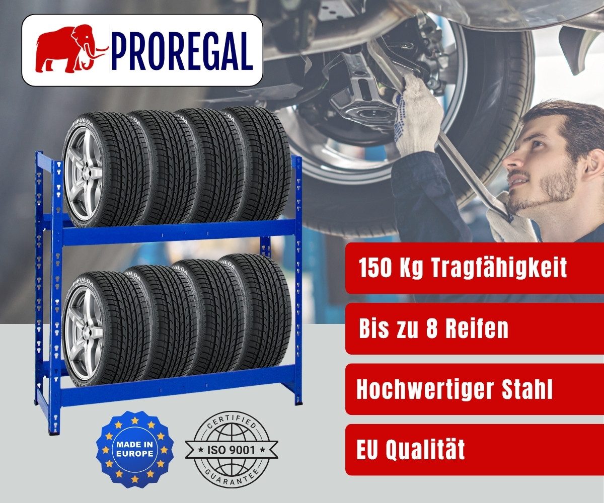 PROREGAL® Schwerlastregal Reifenregal Räderregal TIGER HxBxT 100x110x35cm 8 Reifen auf 2 Ebenen, Für 8 Winterreifen Sommerreifen Allwetterreifen bis 300kg Gesamtlast