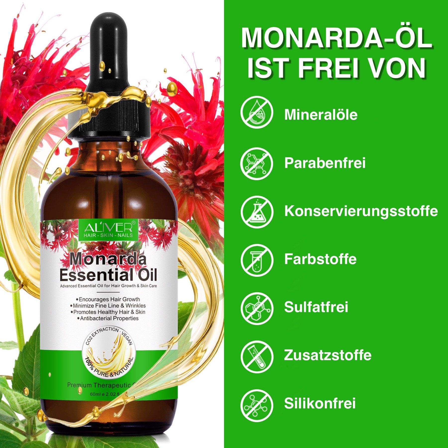 ALIVER Haaröl Monardaöl Wilde Bergamotte Monarda Bienenbalsam Ätherisches Hautöl, 1-tlg., Haaröl, Augenbrauen, Wimpern,Gesicht