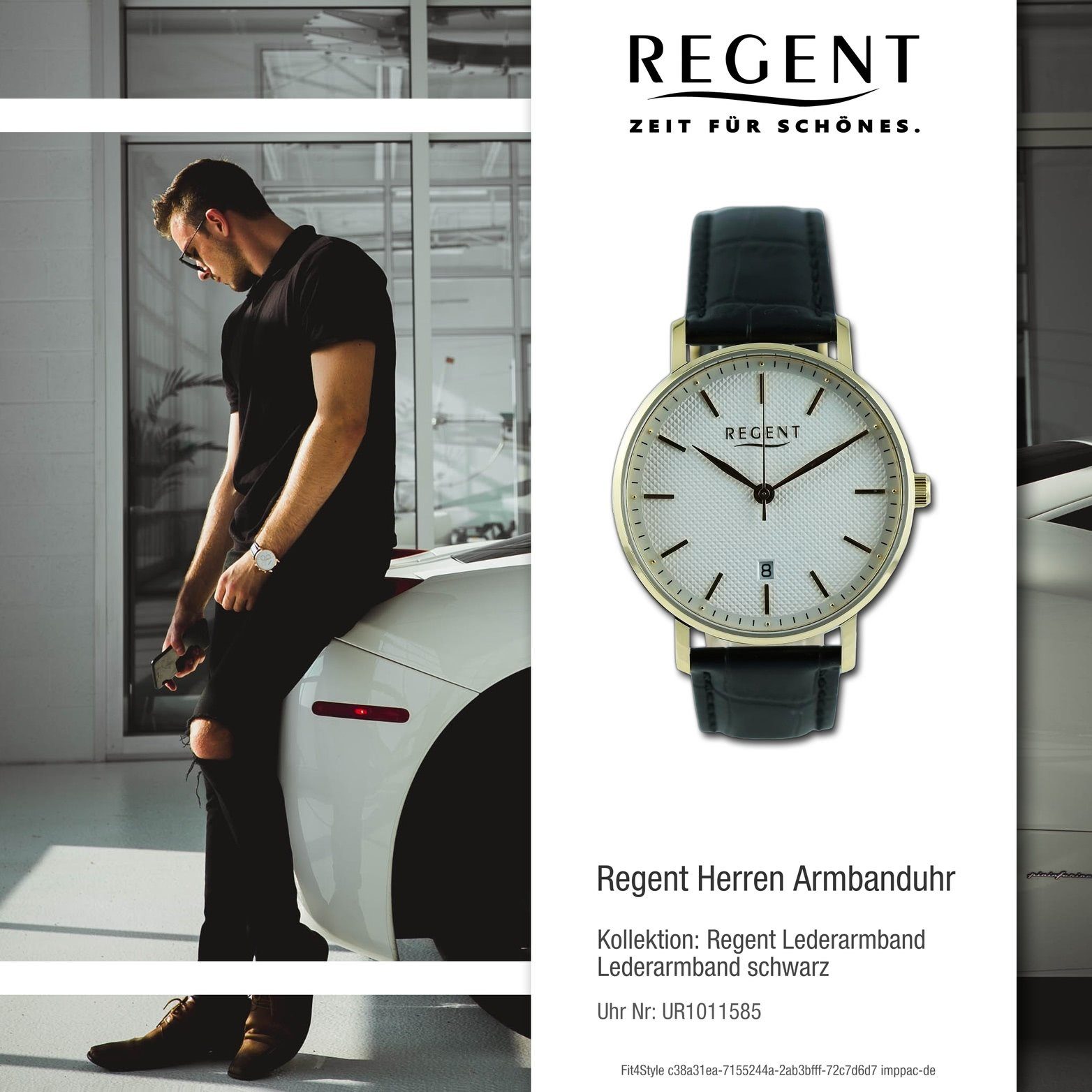 Regent Quarzuhr Regent Lederarmband, Armbanduhr Herren rundes Gehäuse, 39mm) extra groß (ca. Herrenuhr Analog