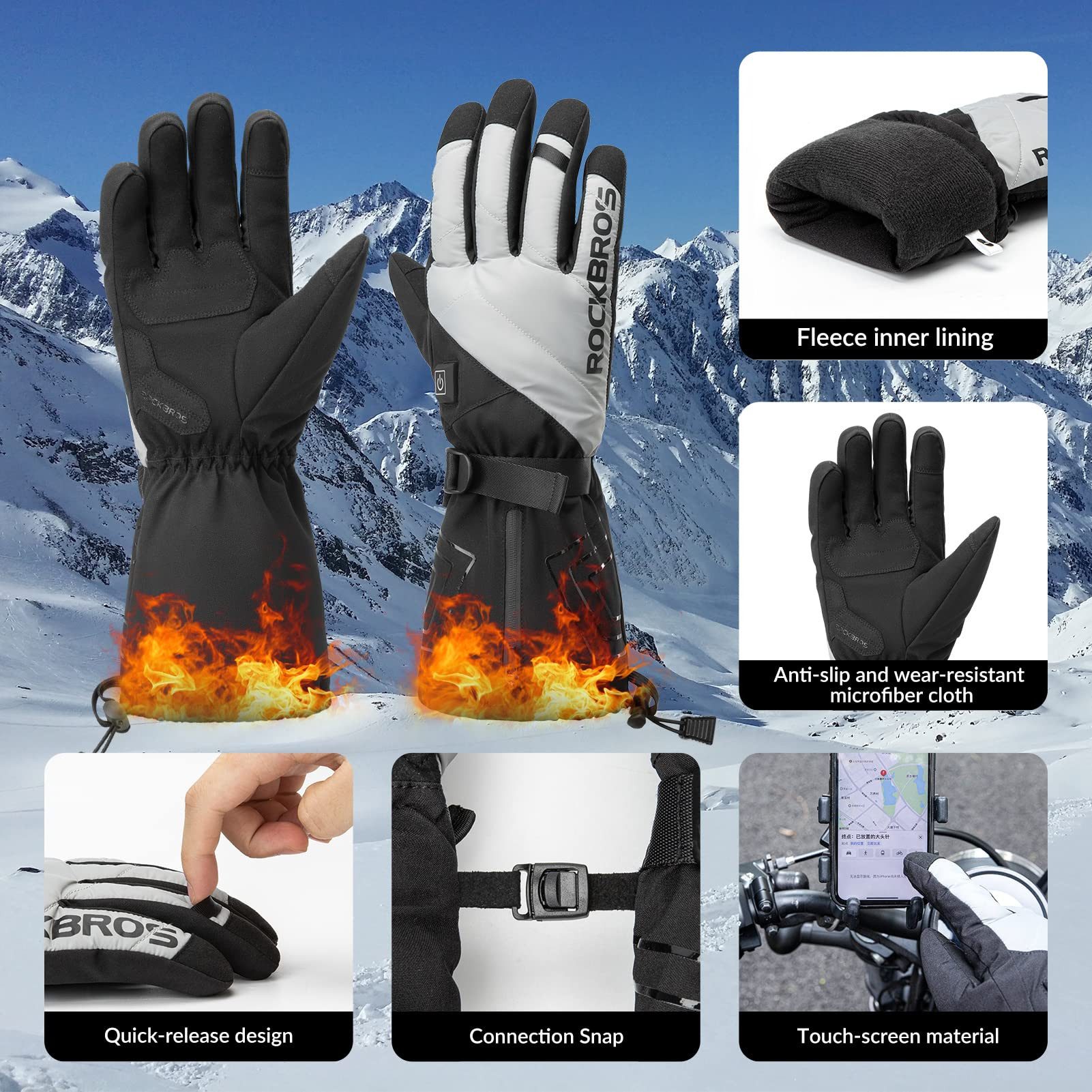 ROCKBROS Fahrradhandschuhe Beheizbare Winterhandschuhe, Thermohandschuhe für Skifahren, Radfahren BATTERY HEATED As a gift