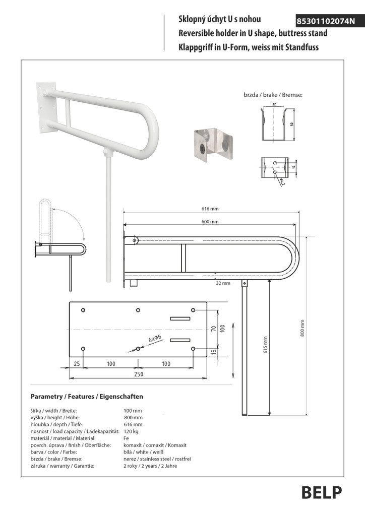 BRILLANTBAD® Stützklappgriff BELP Stützklappgriff U-Form mit Standfuß Eisen Weiß Bad & WC >> Bohren