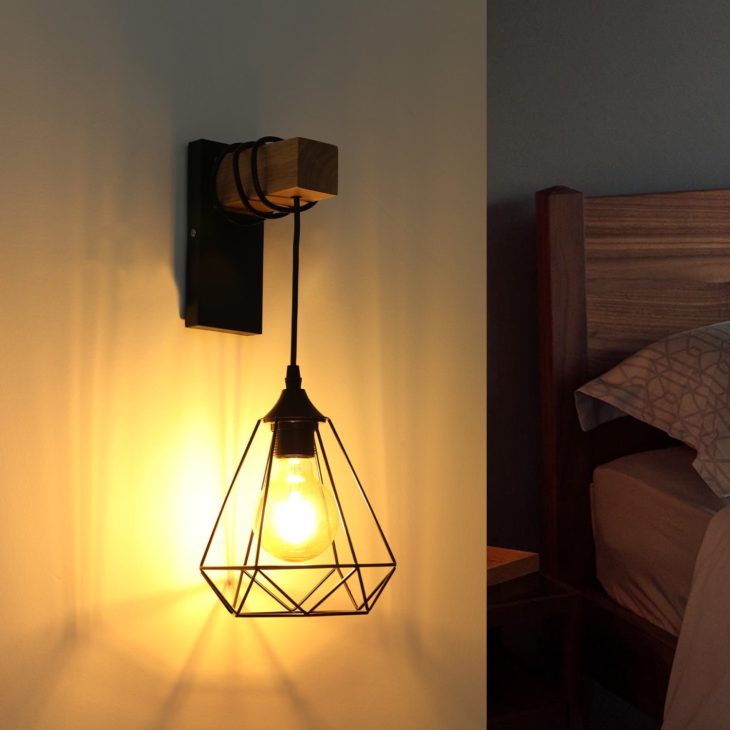 oyajia Wandleuchte Wandlampe im Industrial Design, Retro Wandleuchte aus Stahl und Holz, LED wechselbar, E27-Fassung Höhenverstellbar Pendellampe Flurleuchte oh – Bild 5 von 5
