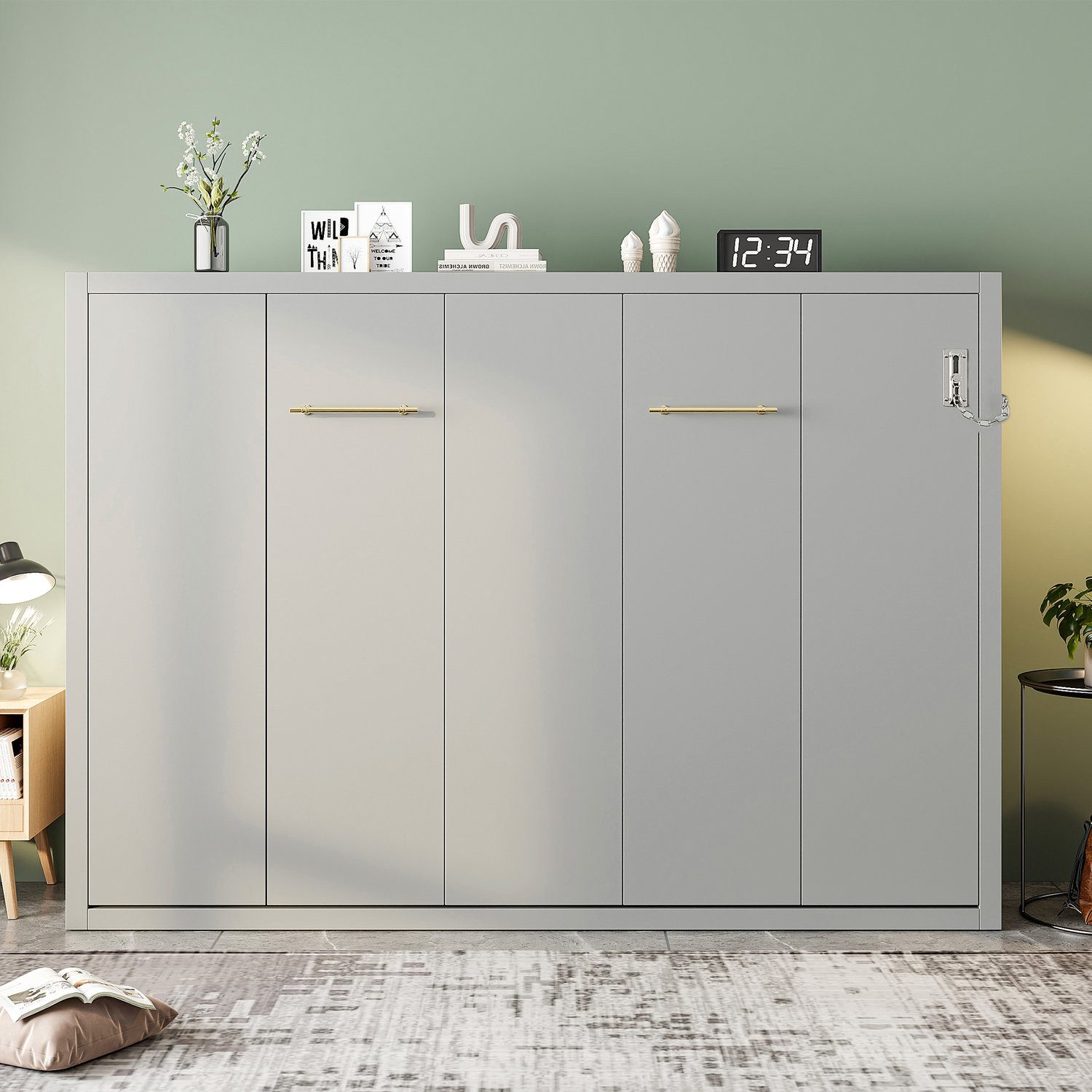 Odikalo Schrankbett 140x200 Murphy-Bett Faltbett mit Verriegelbarer Wandbefestigung (Metallrahmen-Wandklappbett, Kombination aus Metallrahmen und Holzplatte, Robust und Leise, Multifunktionales Bett)
