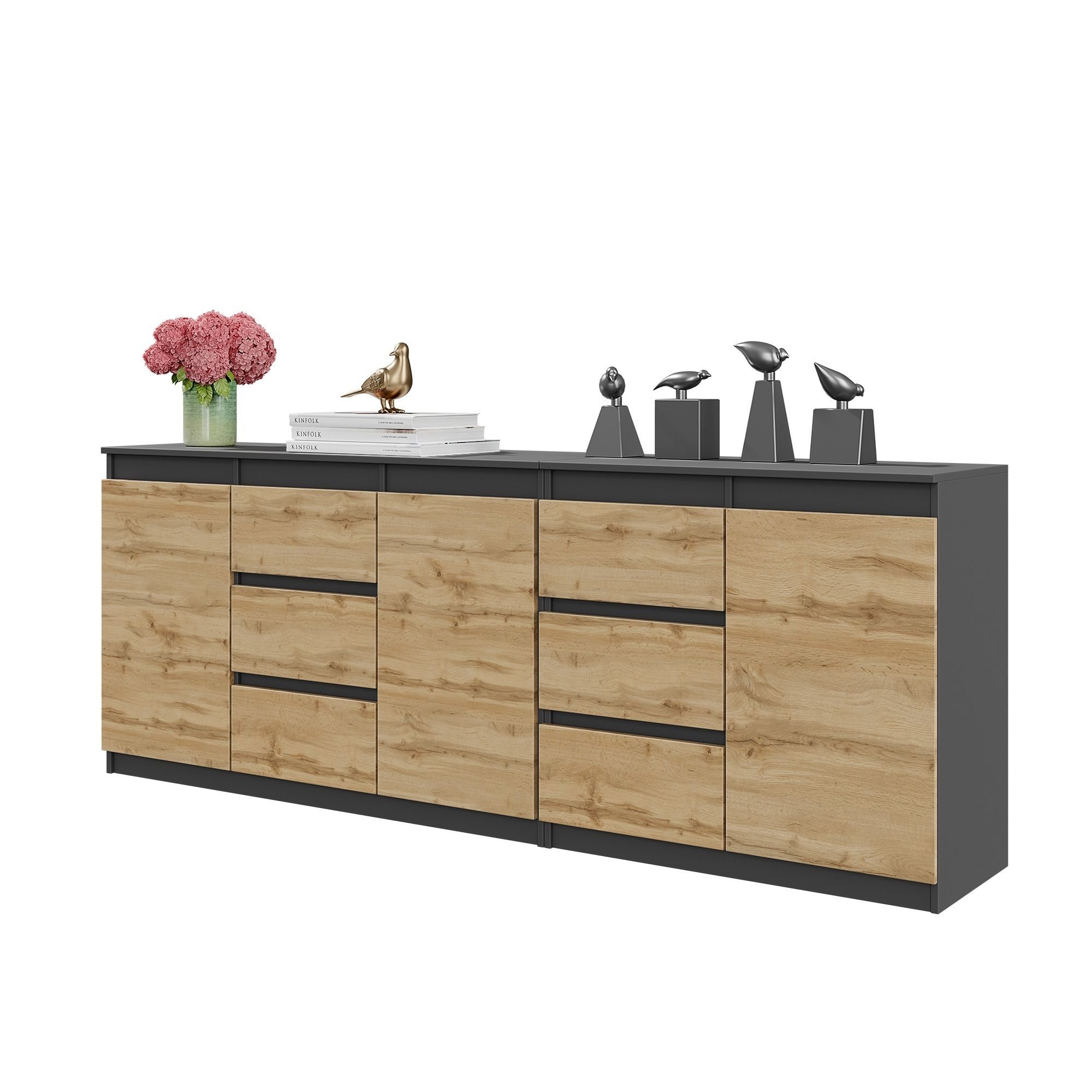 Furnica Kommode MIKEL, 6 Schubladen und 3 Türen - Anthrazit Grau H75cm B200cm T35cm