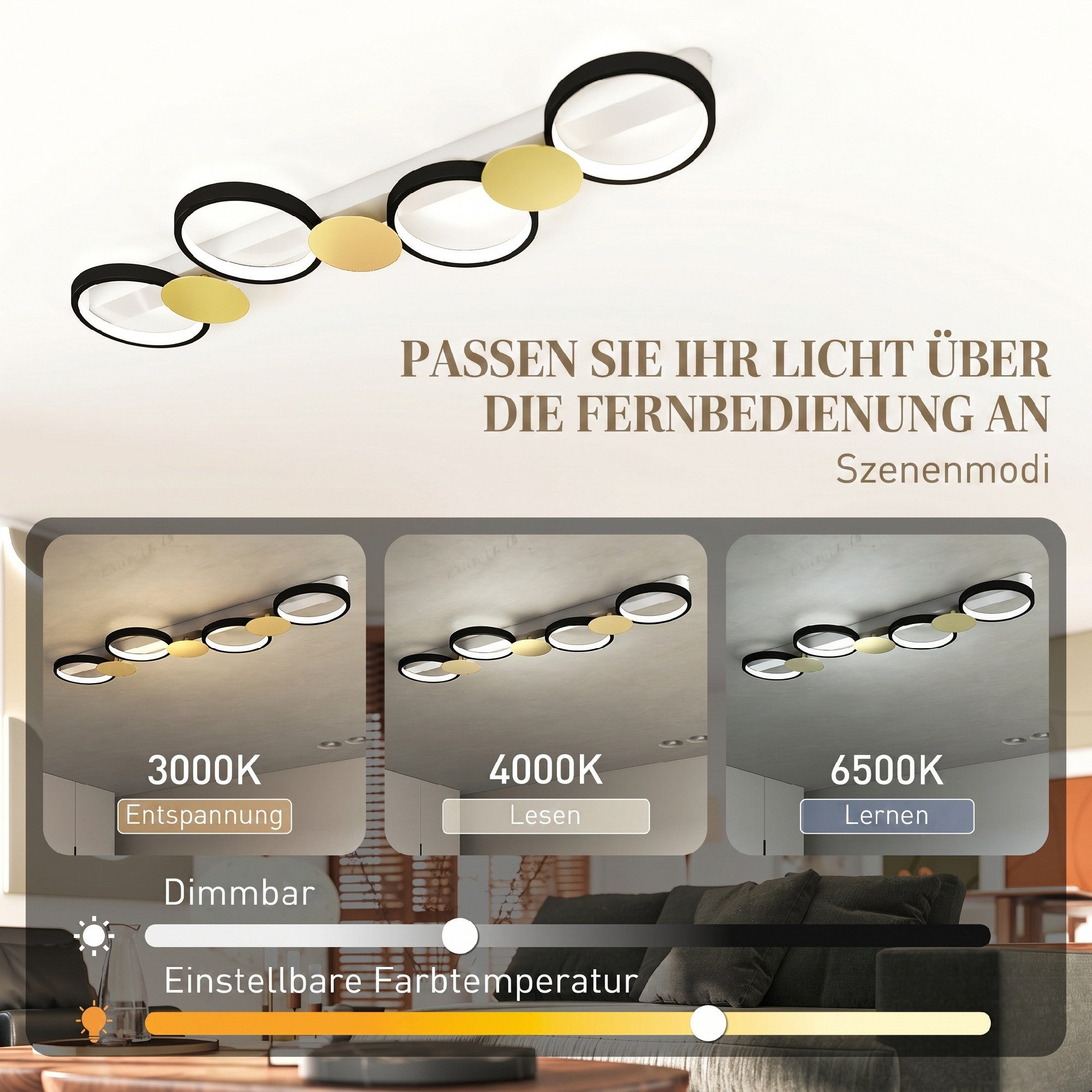 HOMCOM Deckenleuchte LED 38W 1500LM 3000K-6500K dimmbar Deckenlampe mit Fernbedienung, LED, für Wohnzimmer Schlafzimmer, Schwarz+Goldton – Bild 5 von 5