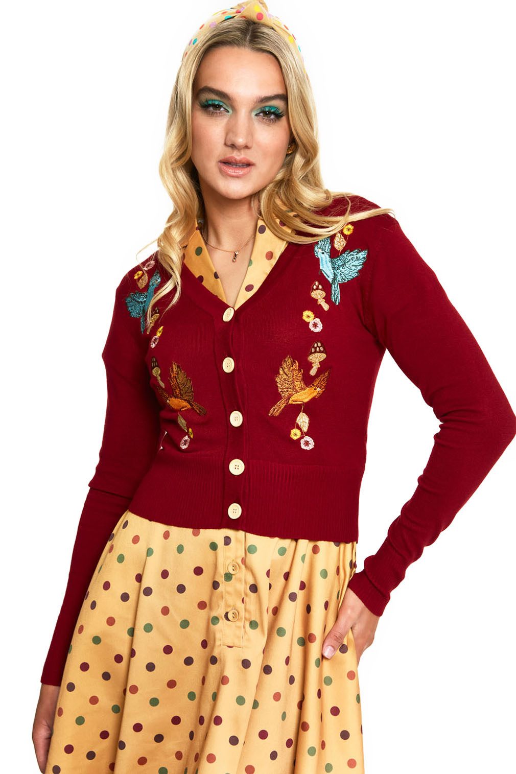 Voodoo Vixen Strickjacke Red Woodland Cardigan Retro Vintage Vögel Pilze He günstig online kaufen