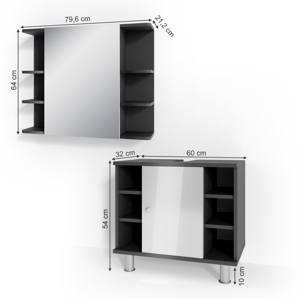 Vicco Badmöbel-Set Fynn, Anthrazit/Weiß Hochglanz, 2 Teile, (2-er Set, 2-St., 2er Set)