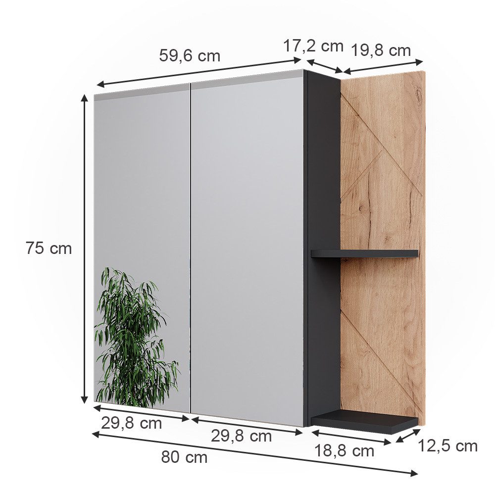 Vicco Badezimmerspiegelschrank Irma, Anthrazit/Goldkraft Eiche, 80 x 75 cm (1-St)