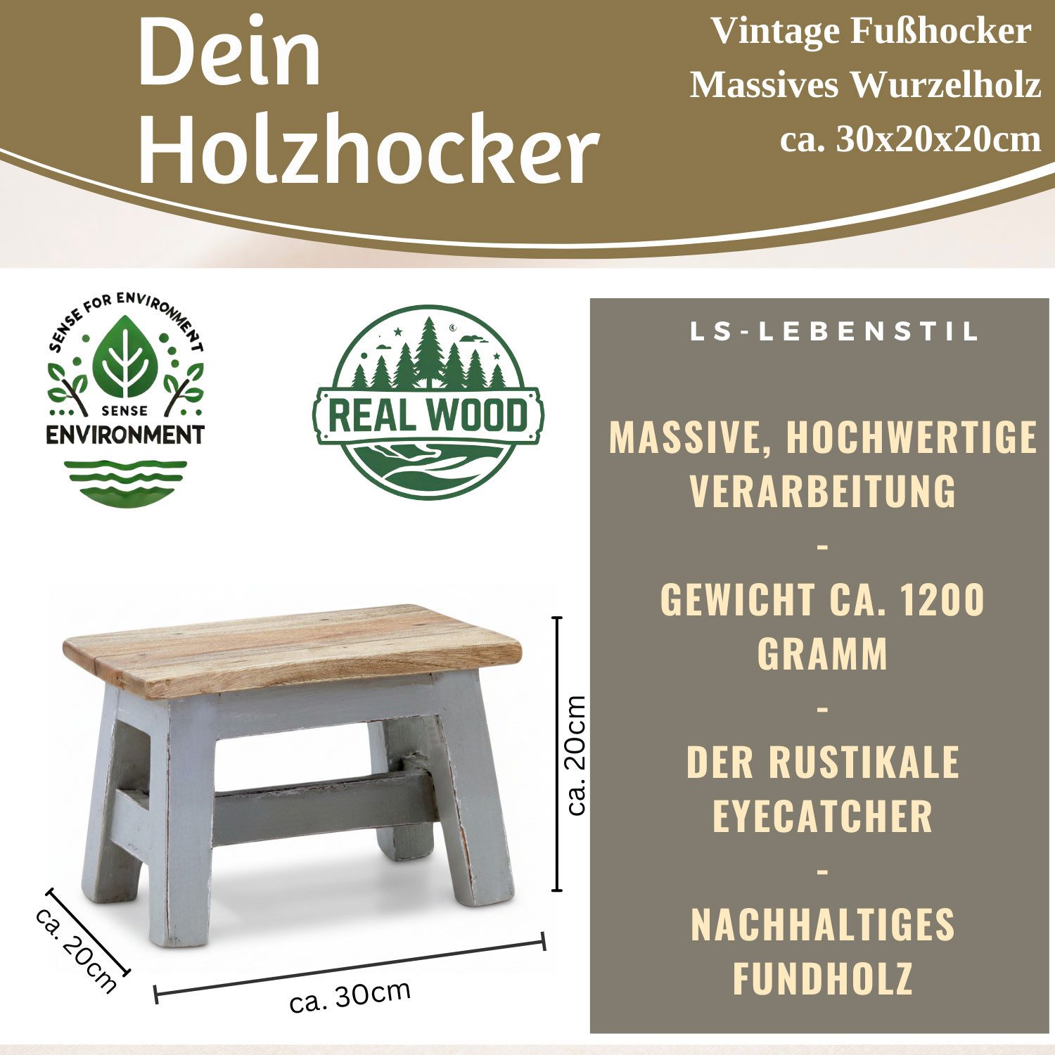LS-LebenStil Fußhocker Vintage Holz Fußhocker Grau 30cm Tritthocker Schemel günstig online kaufen