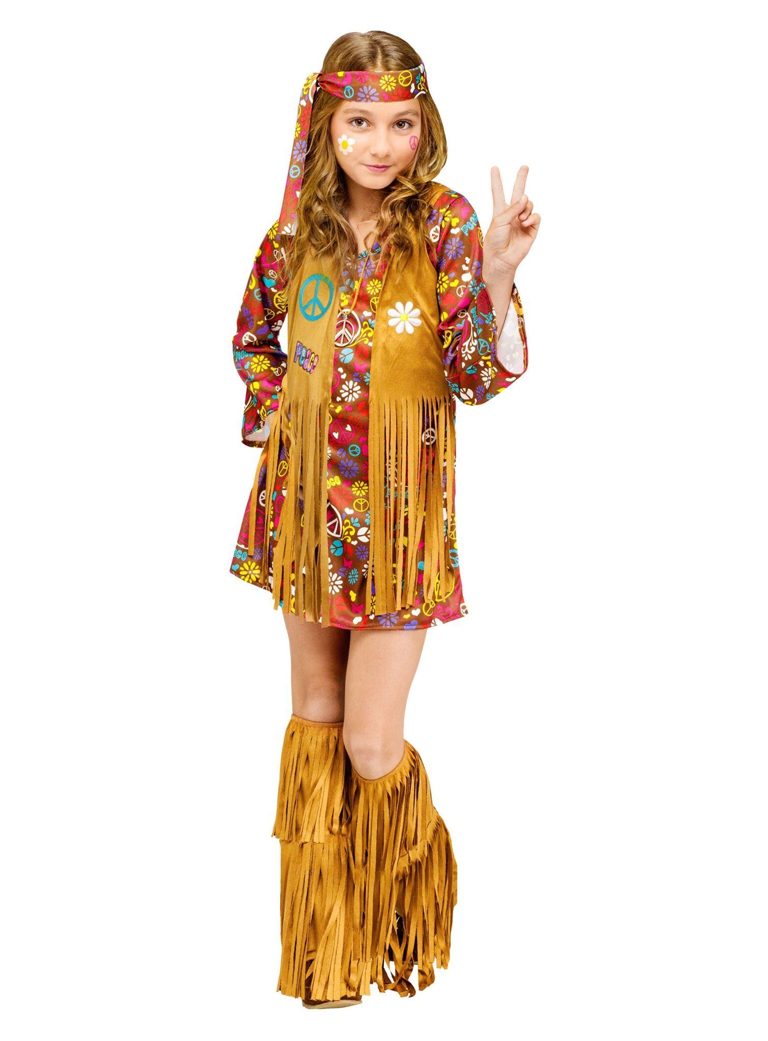 Fun World Hippie-Kostüm Hippie Mädchen, 70er Jahre Hippie-Dress mit Fransen