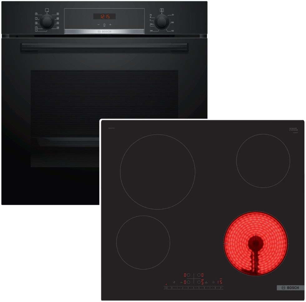 BOSCH Backofen-Set Glaskeramik Kochfeld 71 L Hydrolyse Teleskopauszug PowerBoost, mit 1-fach Teilauszug, Hydrolyse EcoClean Direct