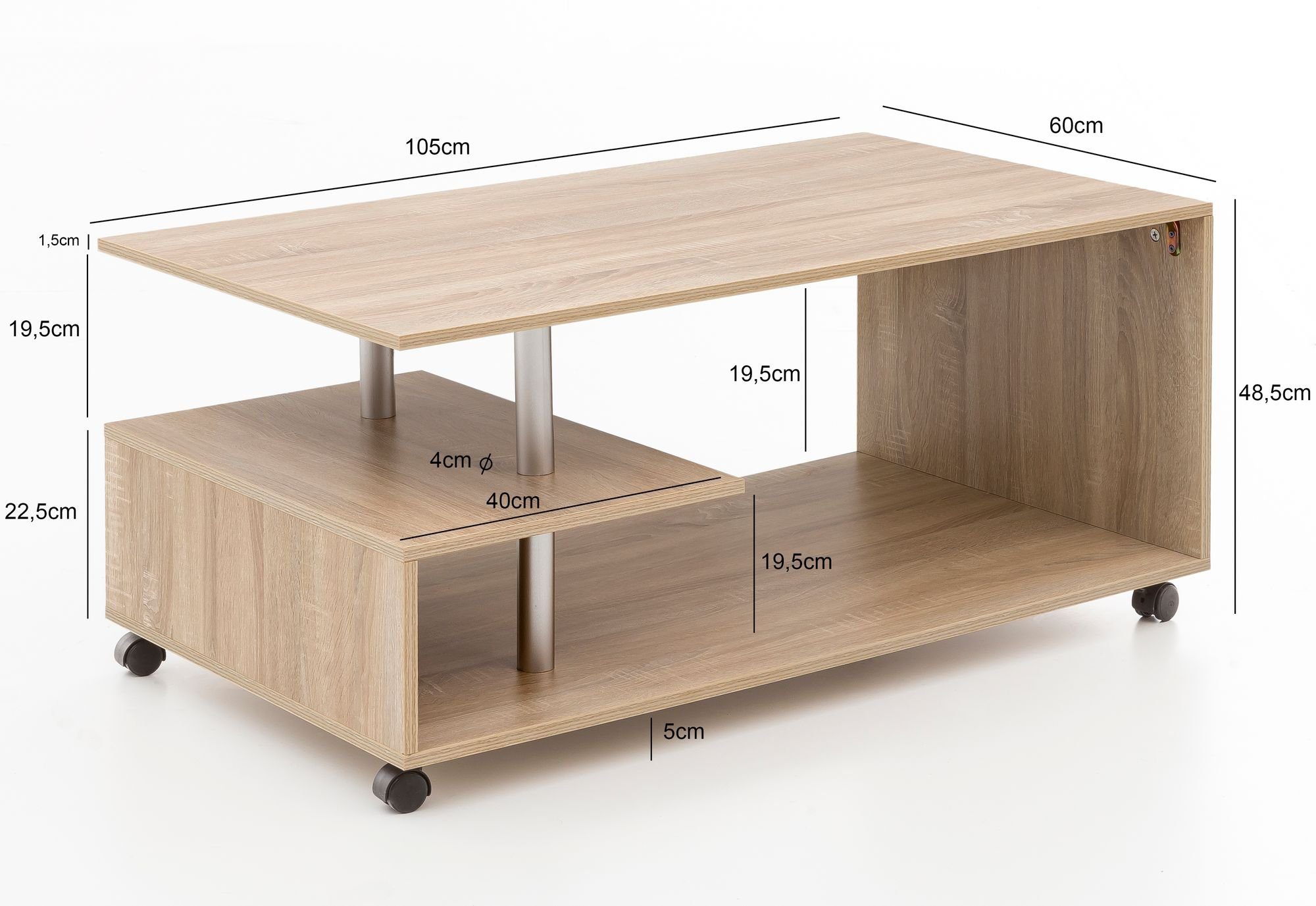 Couchtisch Loungetisch mit Wohnling Stauraum Rechteckig, (105x48,5x60cm, Sonoma Sofatisch Drehbar WL5.735 Rollen), Wohnzimmertisch