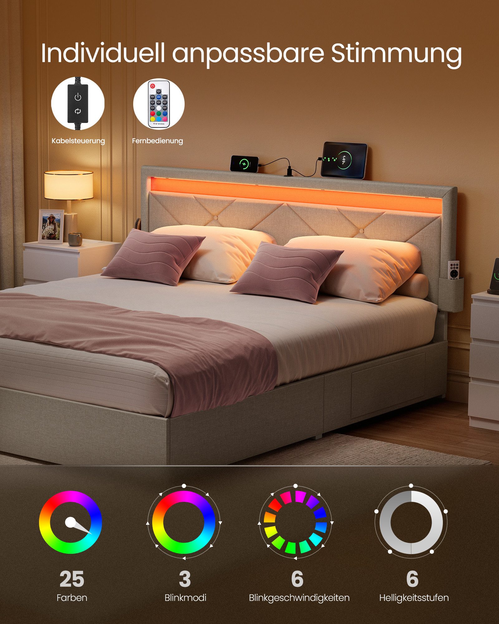VASAGLE Polsterbett (140 x 200 cm, 4 Schubladen, verstellbares gepolstertes Kopfteil), LED, Ladestation, in 4 Größen verfügbar