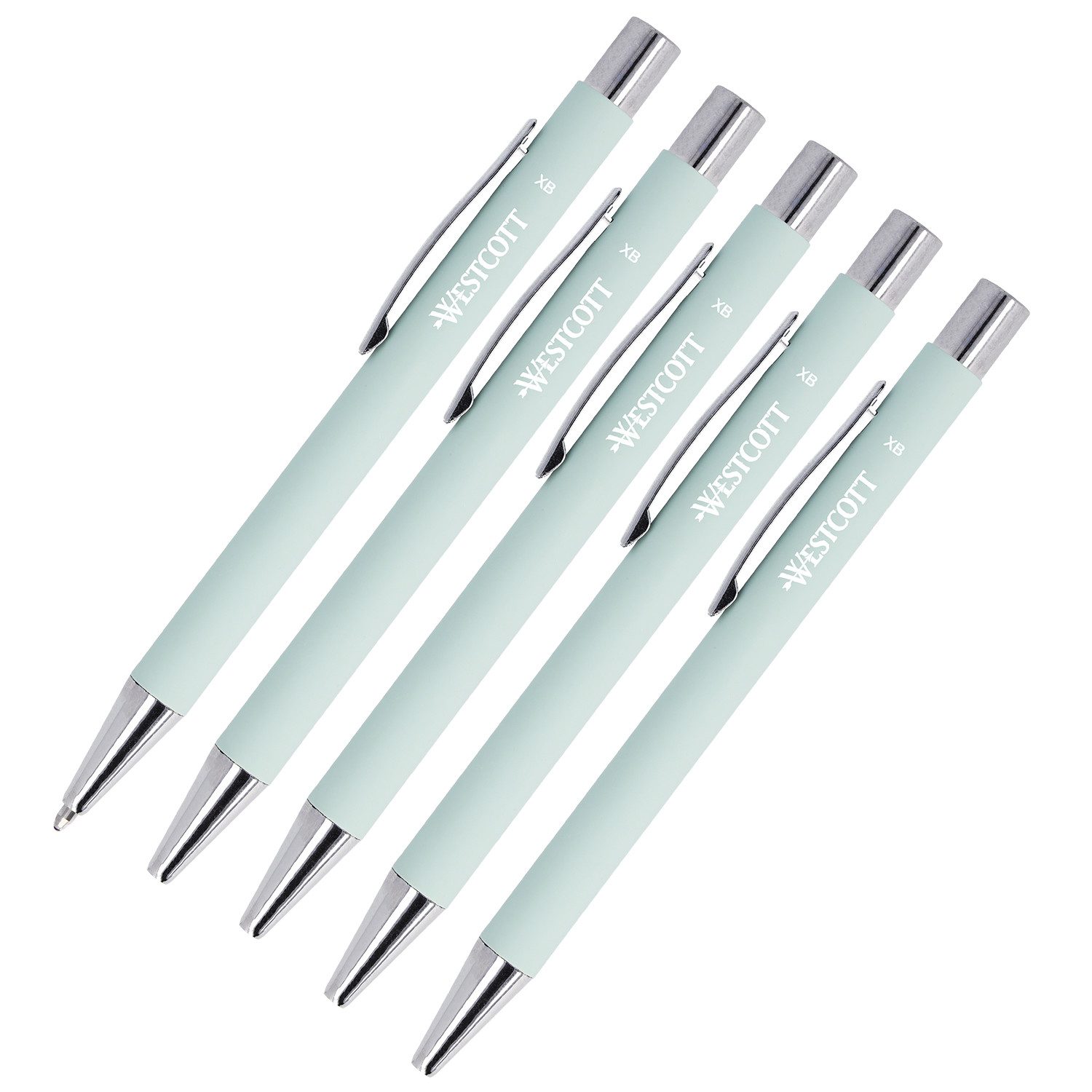 WESTCOTT Druckkugelschreiber Premium Kugelschreiber 5 Stück Mint, XB 1,4mm blaue Tinte, (Vorteilspack, 5-tlg), aus Aluminium, dokumentenecht