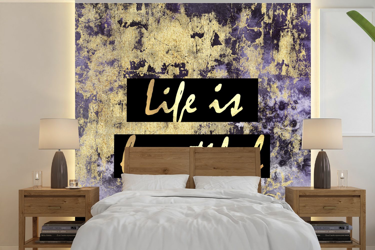 Matt, MuchoWow Lila, - - Fototapete für oder St), Tapete Schlafzimmer, bedruckt, Wandtapete Wohnzimmer (5 Gold - Zitat Leben Vinyl