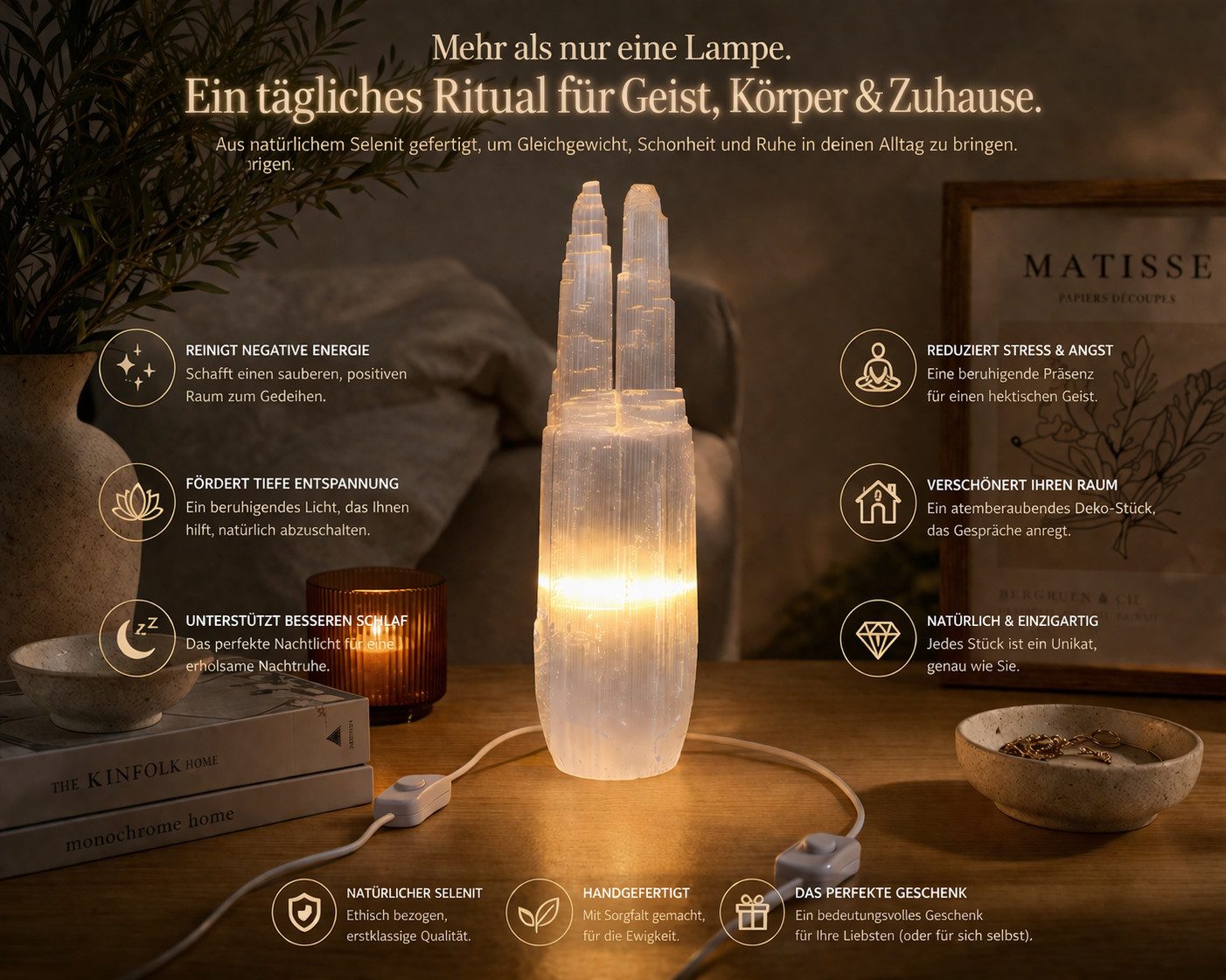 Heimtex Salzkristall-Tischlampe Selenit-Turm Lampenset: Zwillings-Türme für Heim & Heilung