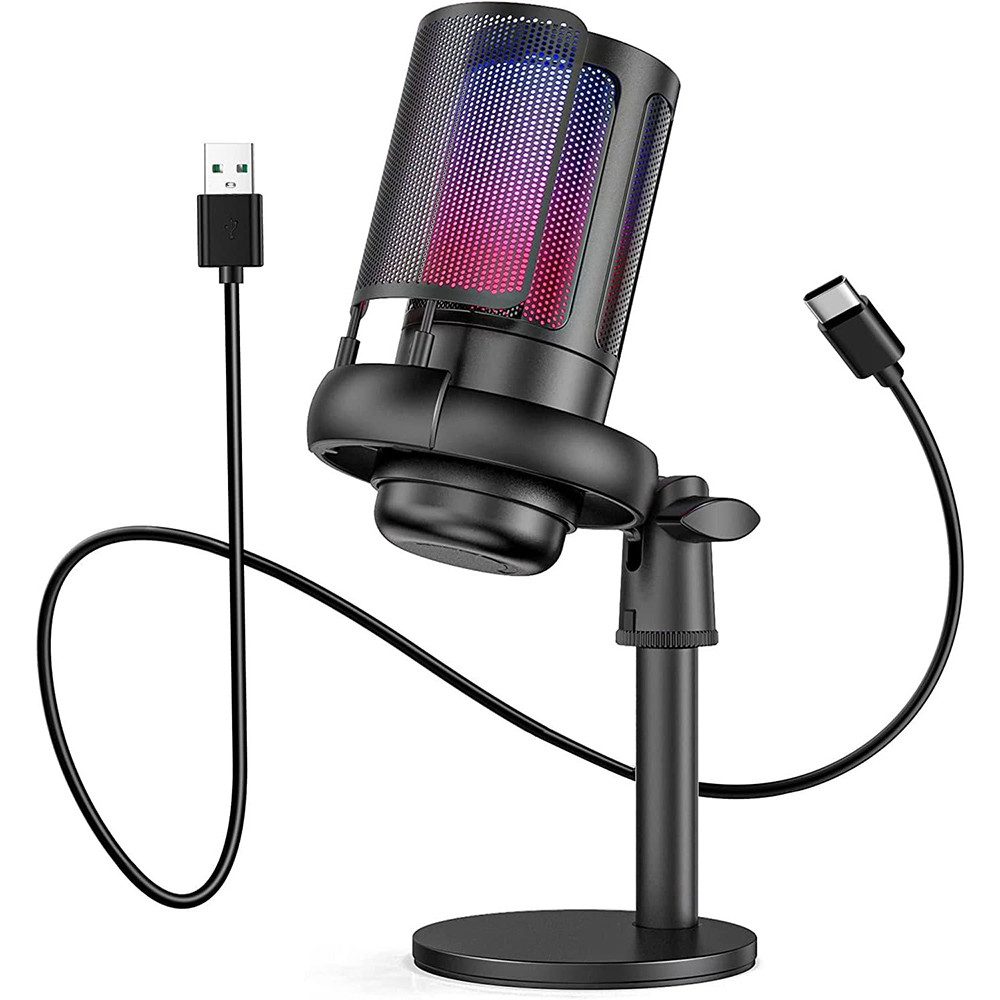 TUWENA Mikrofon Gaming Mikrofon PC RGB, USB Microphone Kit mit 3,5mm-Kopfhörerbuchse, USB Microphone für Streaming Podcast Studio, Ein-Klick-Stummschaltung