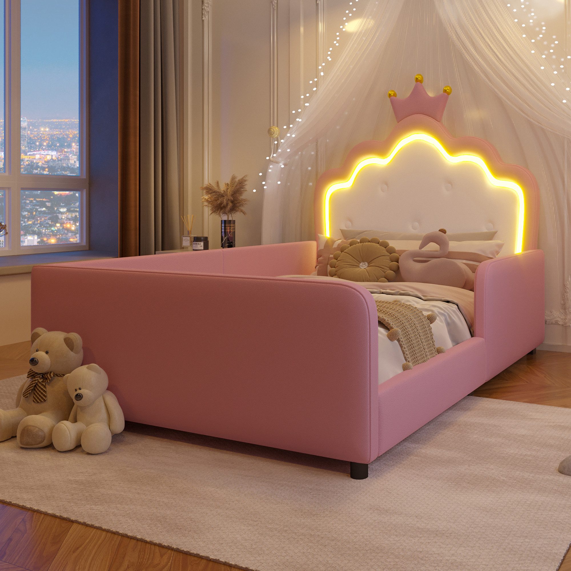 Flieks Polsterbett Prinzessinnenbett in Kronenform, Kinderbett 90x190cm mit LED-Lichtleiste und Sicherheitsgitter