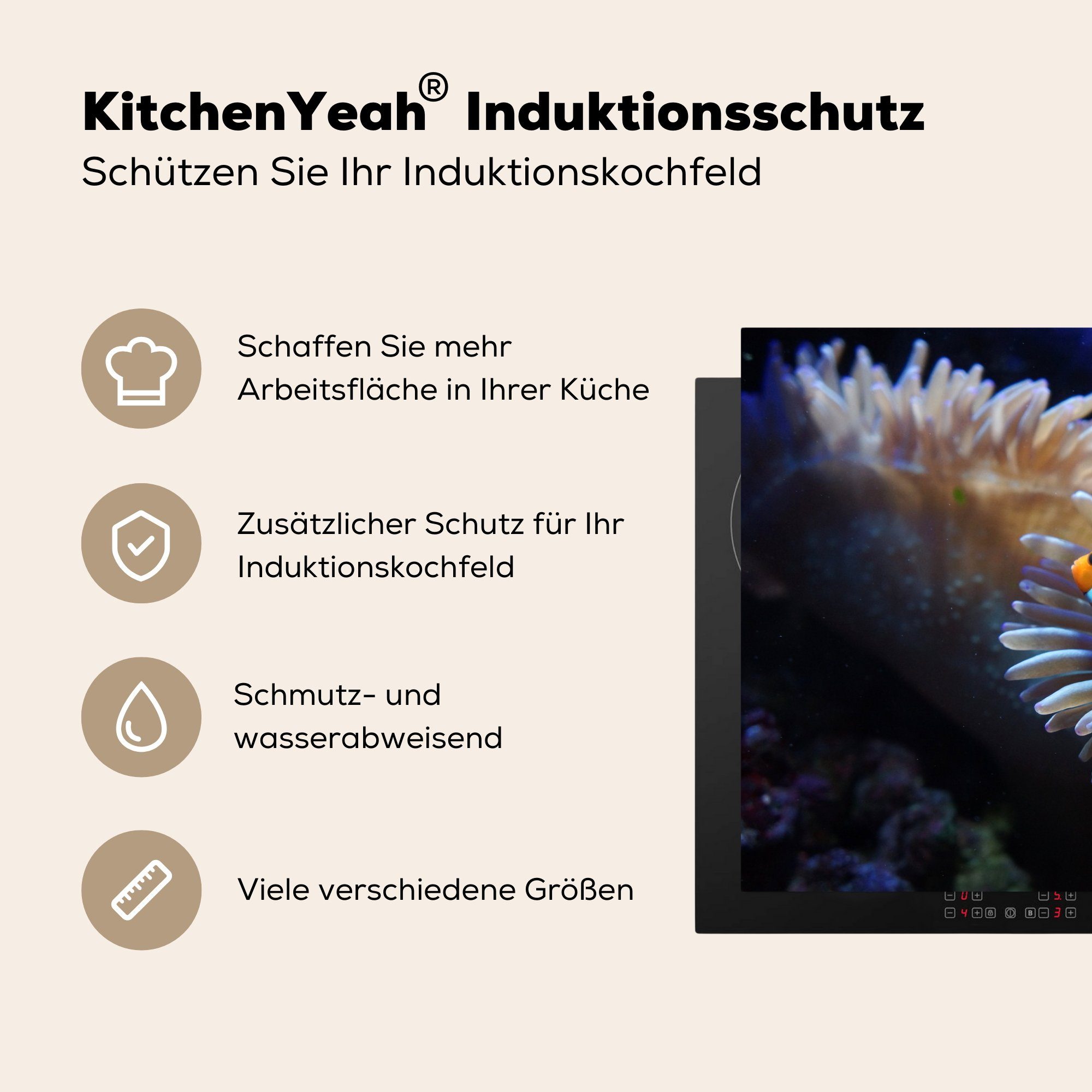 Fische für Vinyl, Induktionskochfeld küche, Anemone MuchoWow Ceranfeldabdeckung (1 cm, Herdblende-/Abdeckplatte tlg), - 81x52 - Schutz die Aquarium,