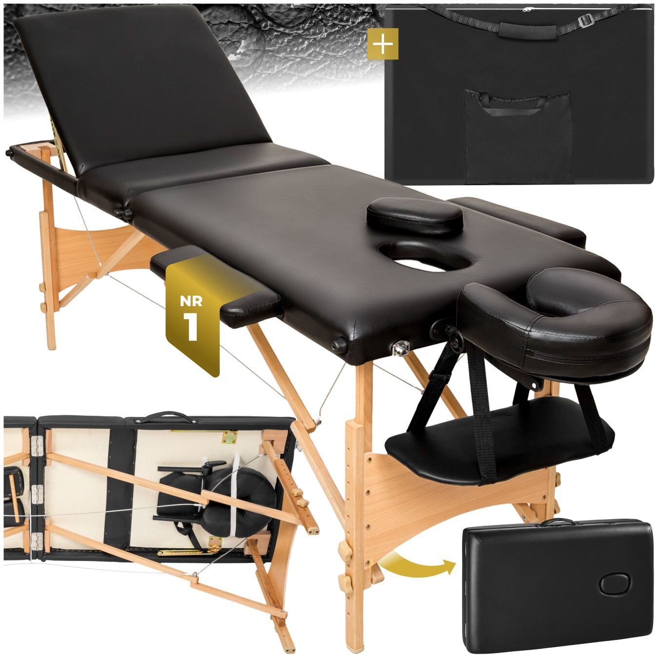 tectake Massageliege Faltbarer Massagetisch mit 3 Zonen, 5 cm Polster, Holzgestell (Set, 1-St., mit Tragetasche), Inkl. Tragetasche, abnehmbare Kopfstütze und Armlehnen