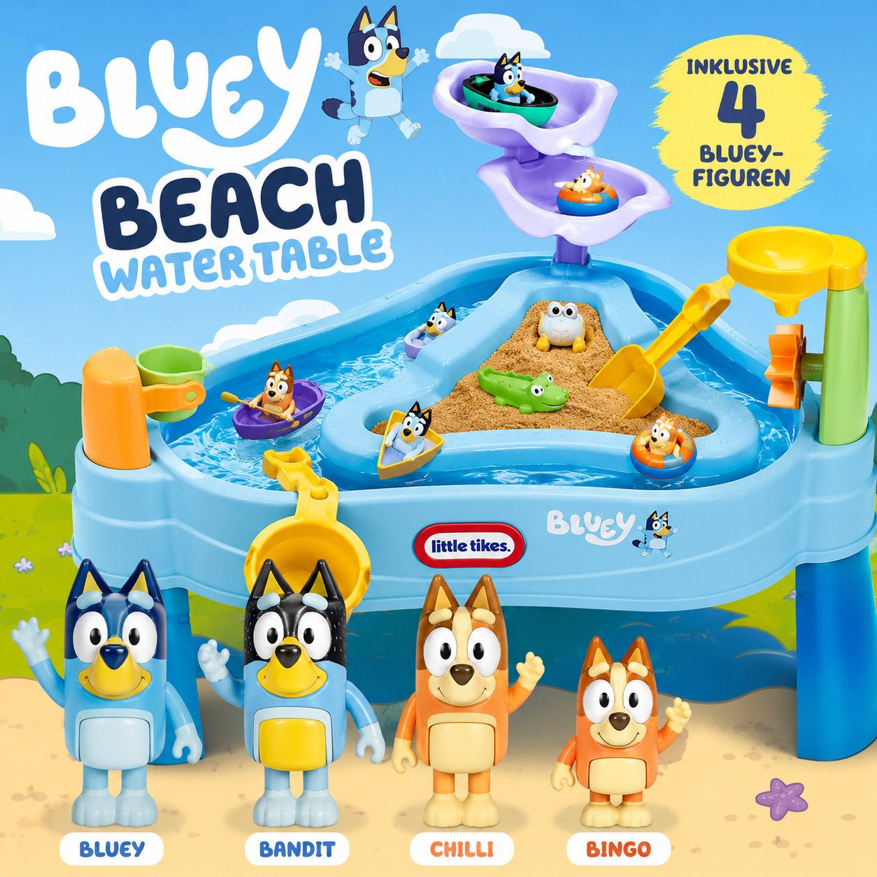 Little Tikes® Wasserspieltisch Bluey Wassertisch–Interaktiver Outdoor Spieltisch & Zubehör für Kinder, (Spielzeug-Wassertisch Set, 7-tlg., 1 Set), 2-in-1 Design, Wasserräder, Kippeimer, Lazy River, abnehmbare Beine